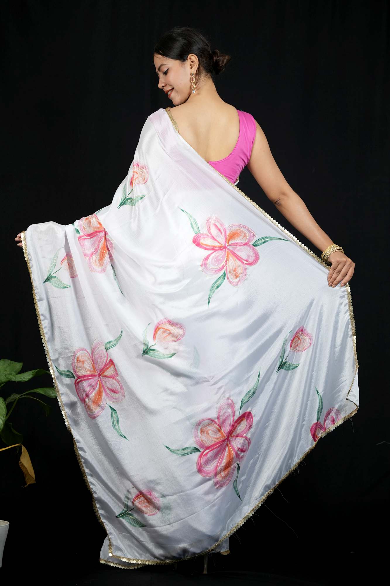 White Chiffon Floral with Golden Sequin Border Ready To Wear Saree