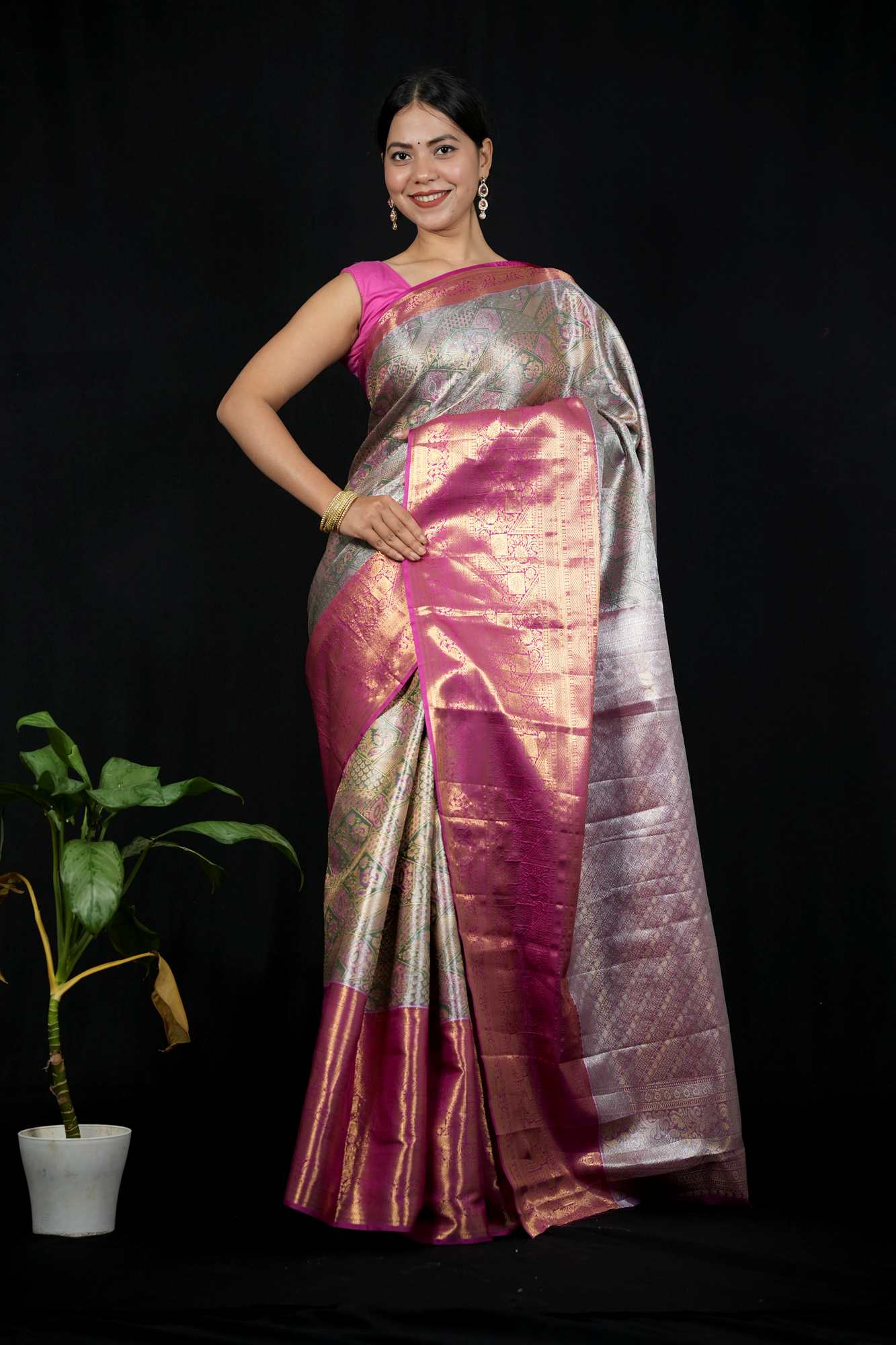 Kanchi Pattu with Intricate Floral Weave & Grand Zari Border Ready To Wear Saree