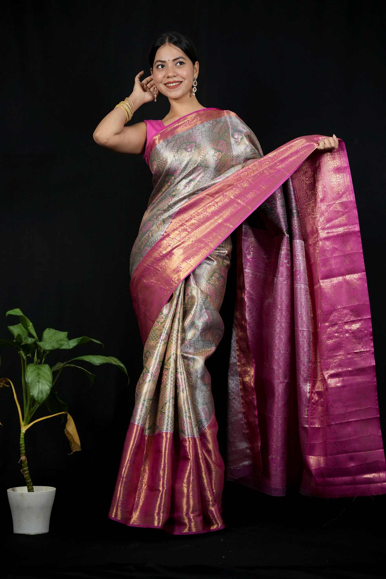 Kanchi Pattu with Intricate Floral Weave & Grand Zari Border Ready To Wear Saree