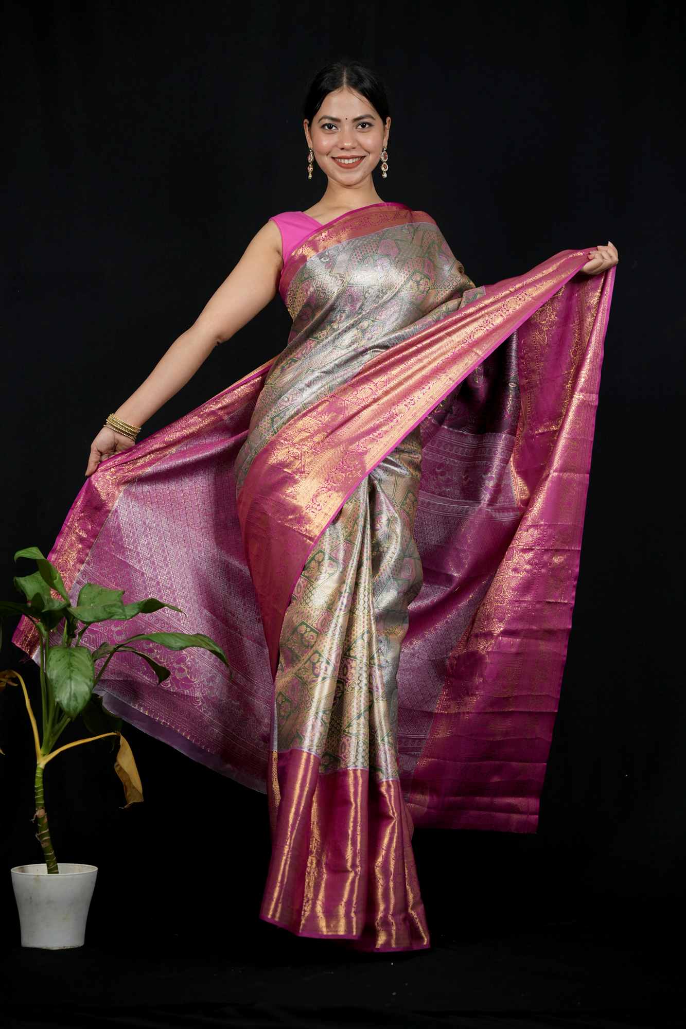 Kanchi Pattu with Intricate Floral Weave & Grand Zari Border Ready To Wear Saree