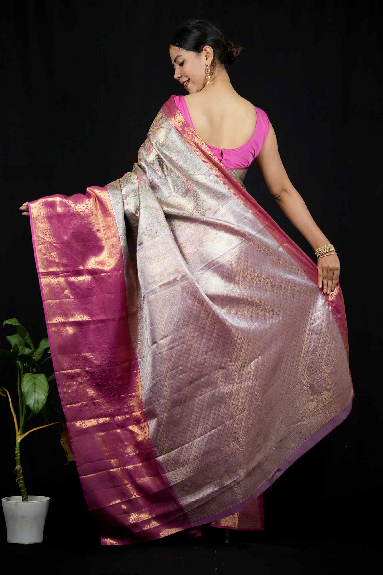 Kanchi Pattu with Intricate Floral Weave & Grand Zari Border Ready To Wear Saree