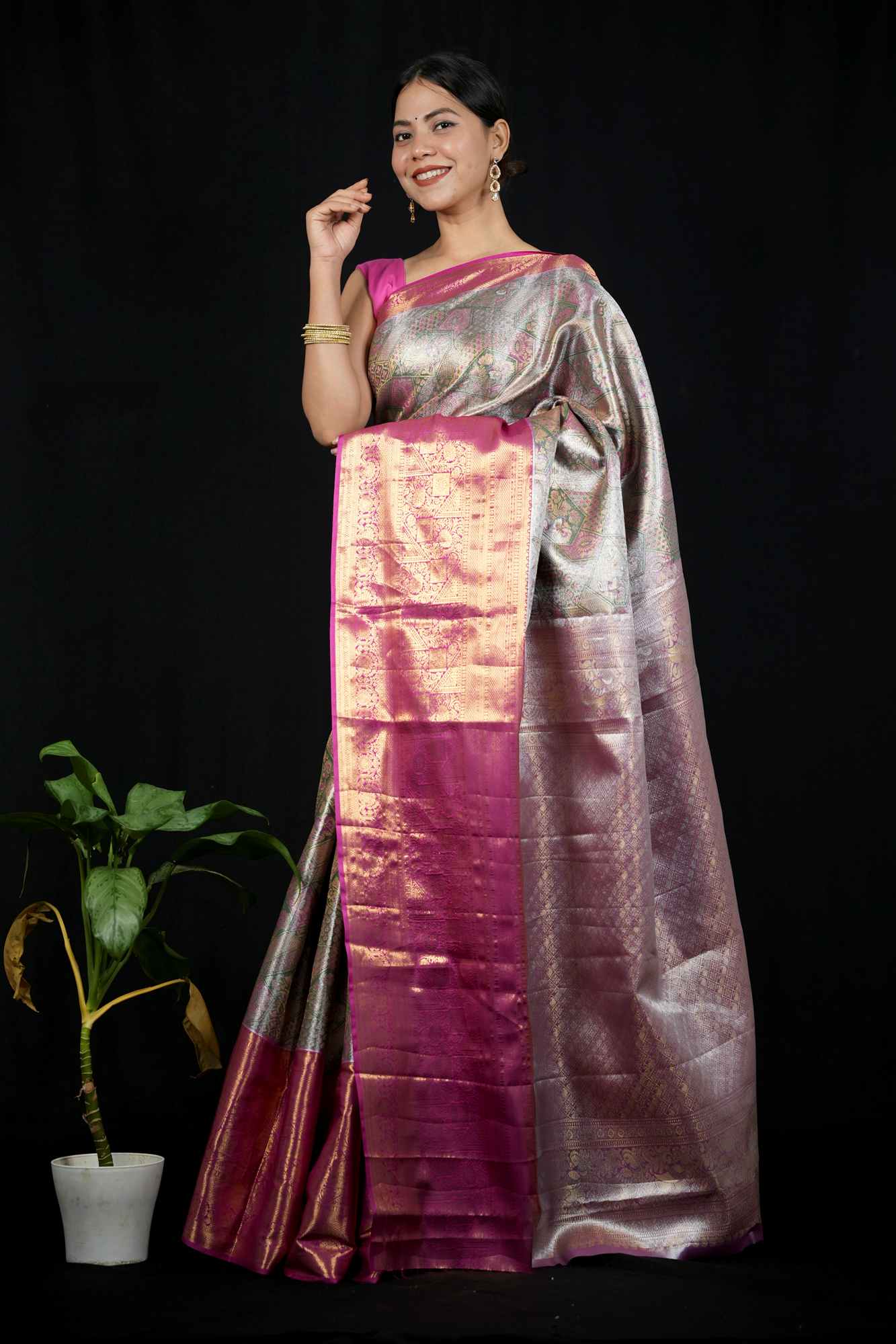 Kanchi Pattu with Intricate Floral Weave & Grand Zari Border Ready To Wear Saree