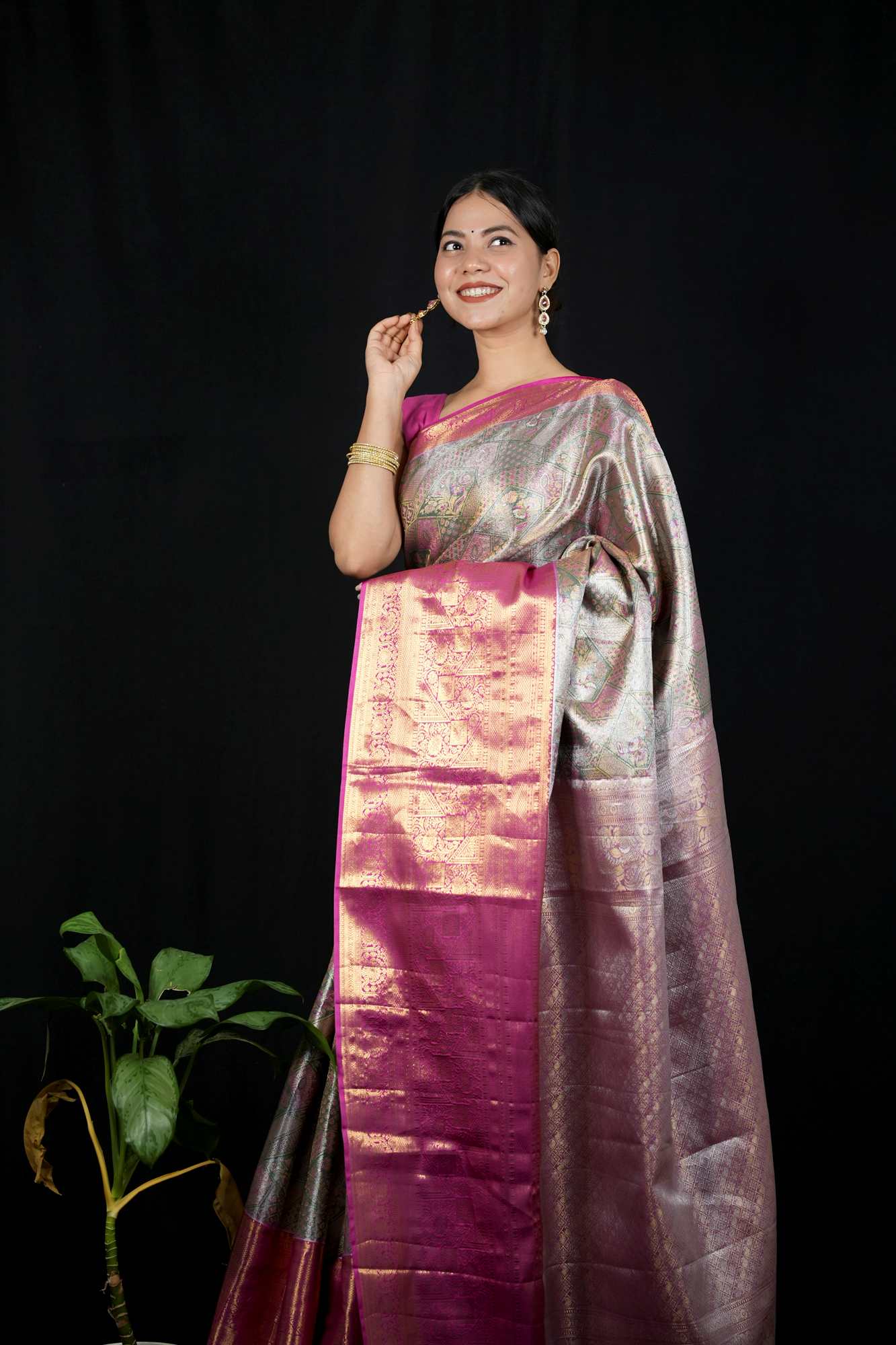 Kanchi Pattu with Intricate Floral Weave & Grand Zari Border Ready To Wear Saree