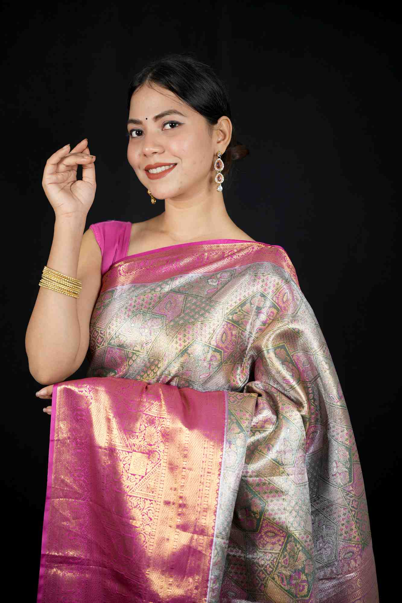 Kanchi Pattu with Intricate Floral Weave & Grand Zari Border Ready To Wear Saree