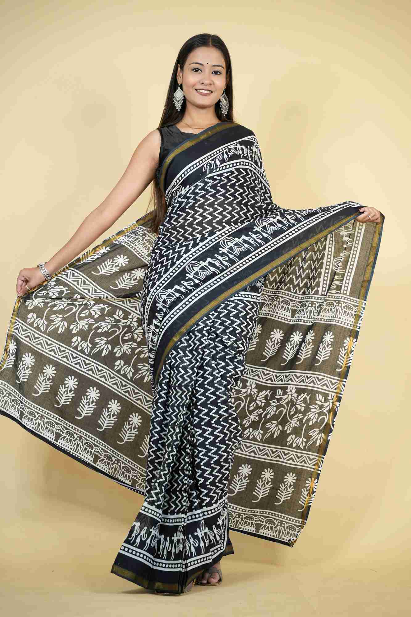 Cotton Bagru Printed with Golden Border Ready To Wear Saree