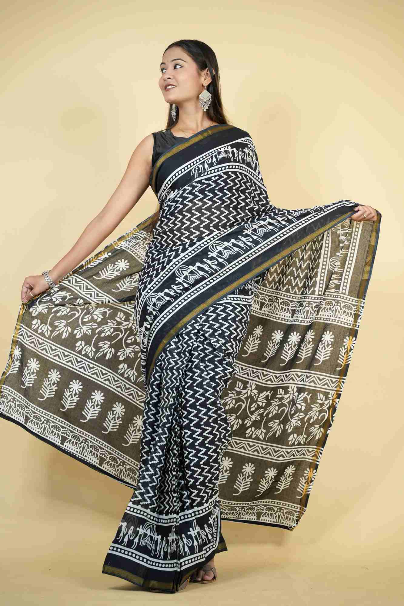 Cotton Bagru Printed with Golden Border Ready To Wear Saree
