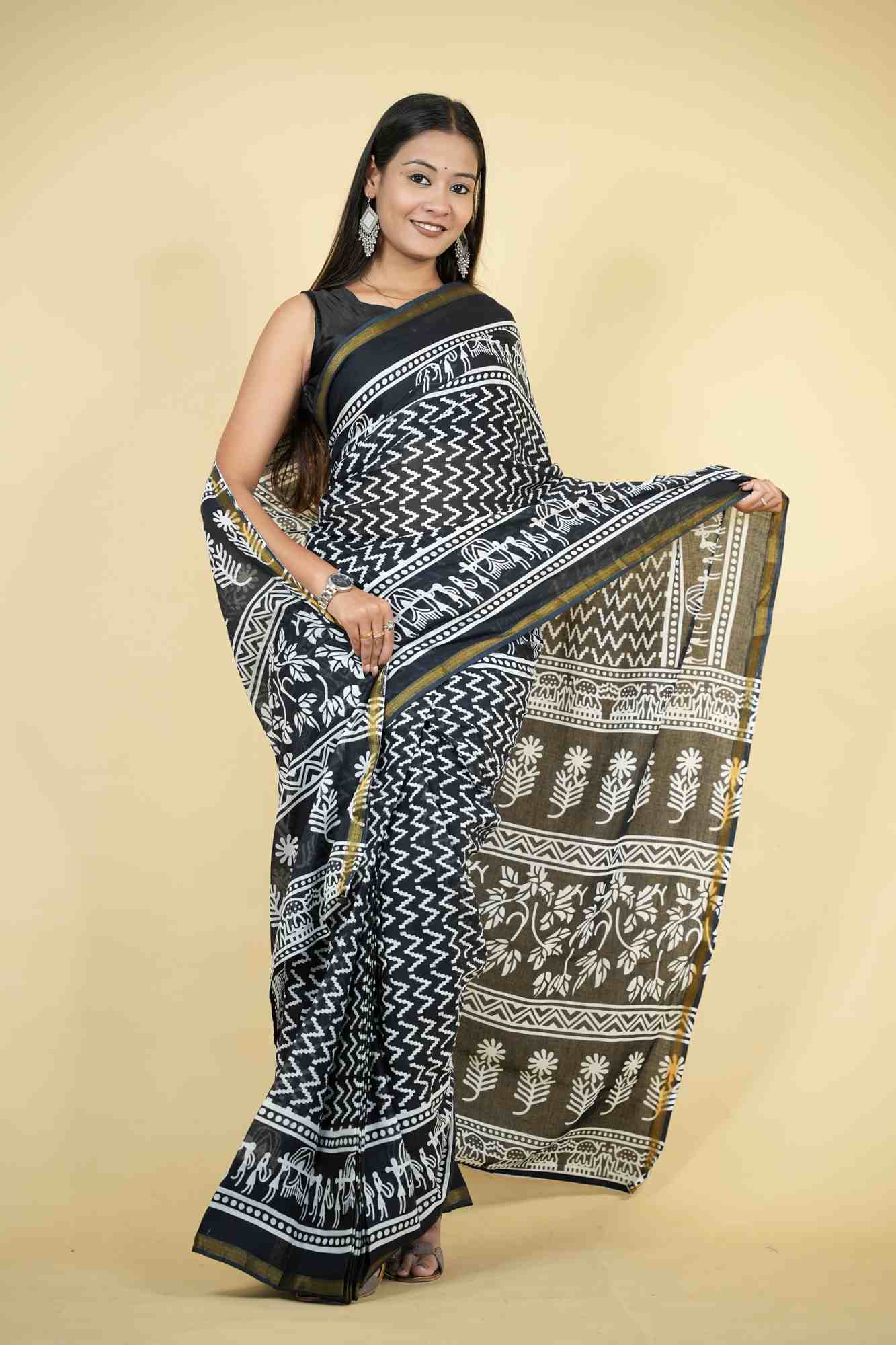 Cotton Bagru Printed with Golden Border Ready To Wear Saree