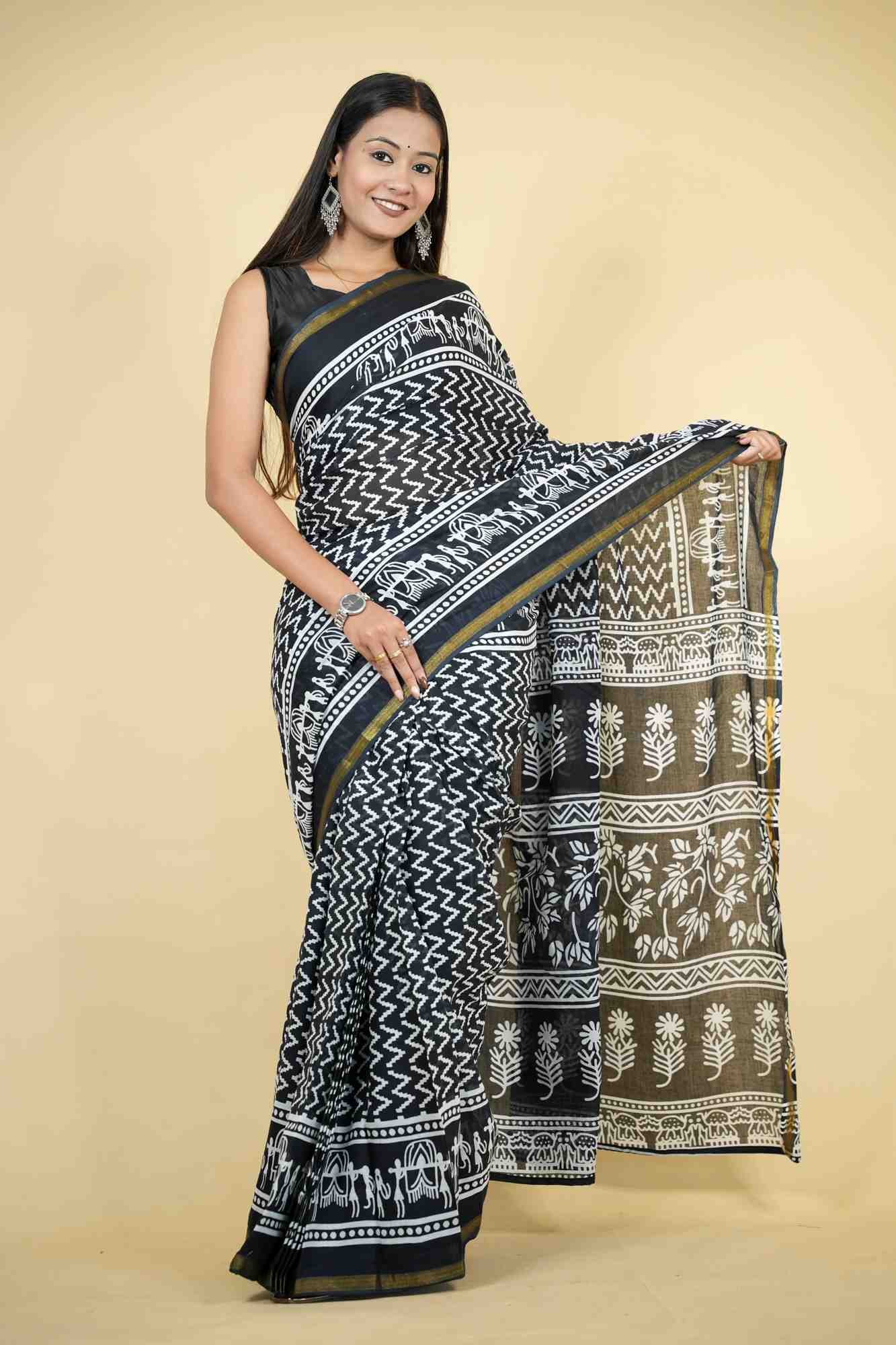 Cotton Bagru Printed with Golden Border Ready To Wear Saree