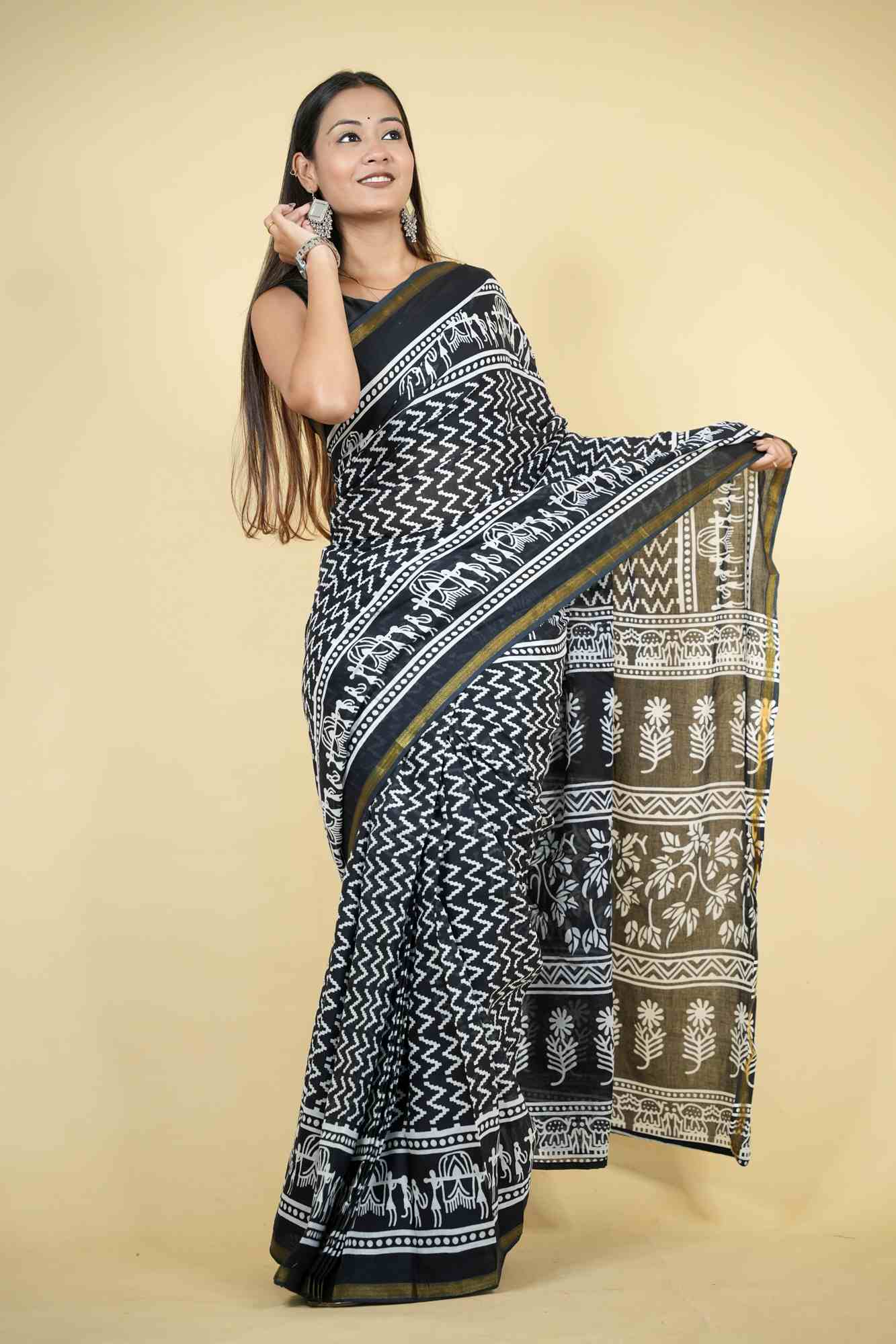 Cotton Bagru Printed with Golden Border Ready To Wear Saree