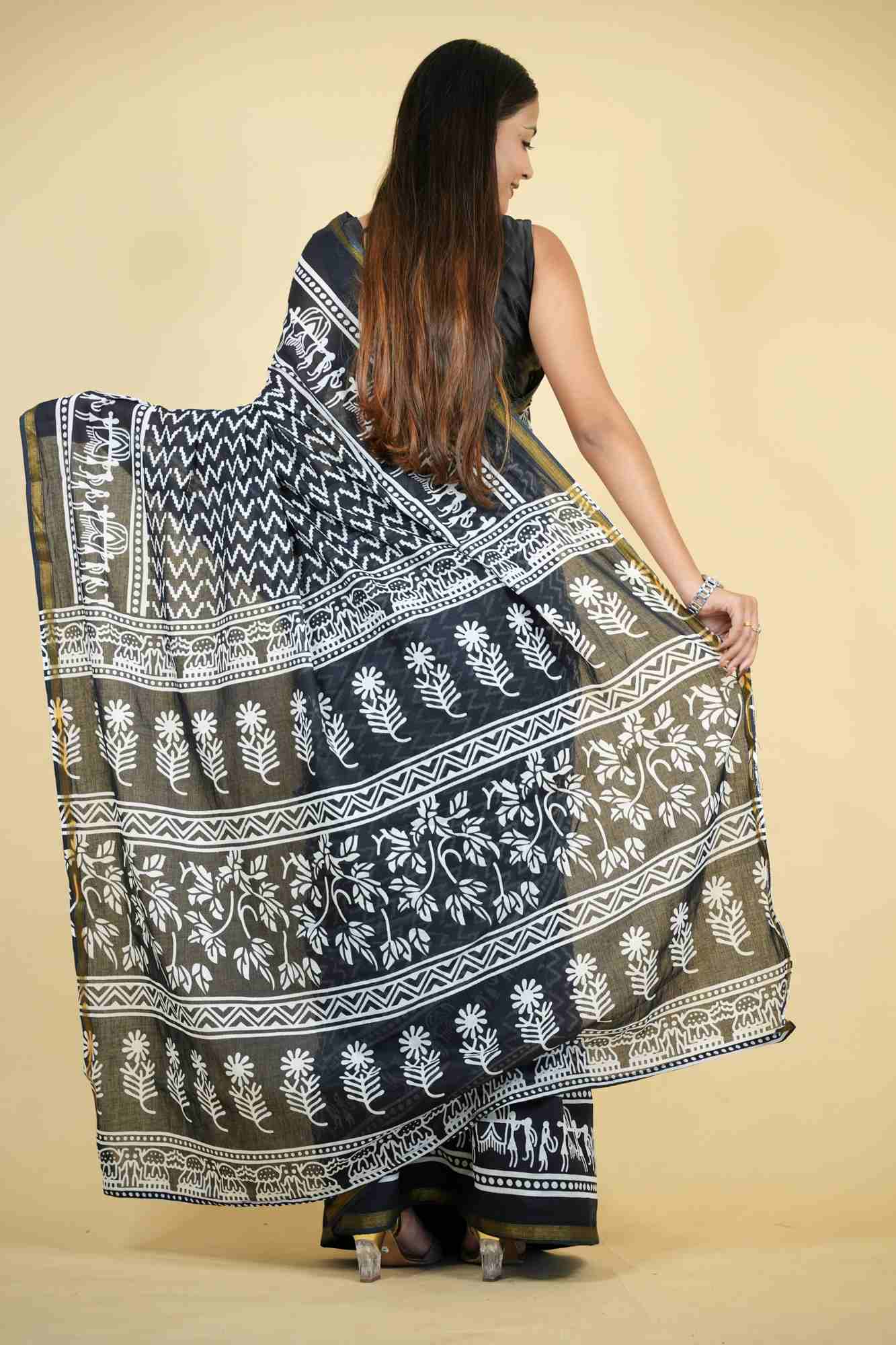 Cotton Bagru Printed with Golden Border Ready To Wear Saree