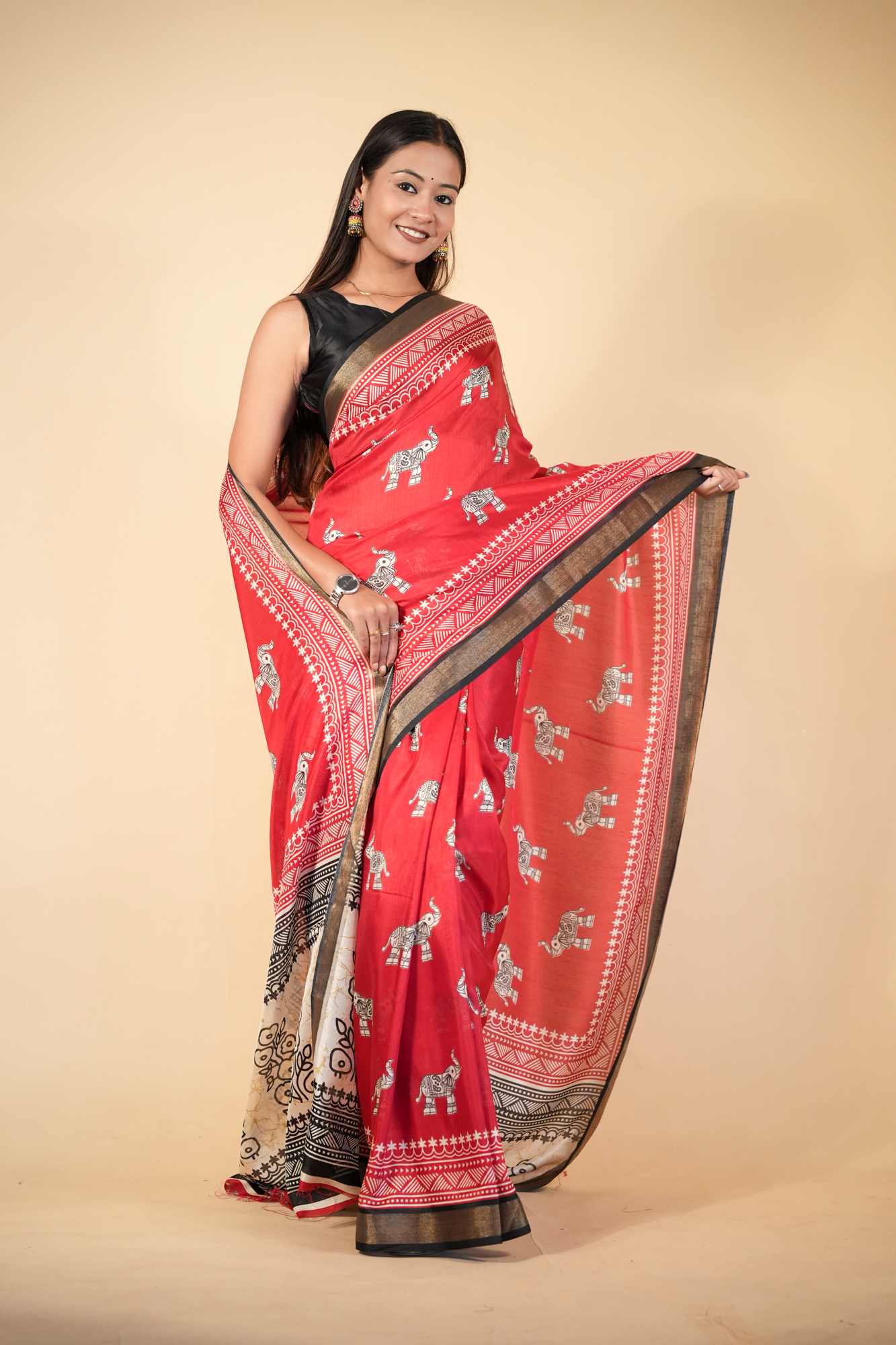 Crepe Cotton with Traditional Elephant & Floral Block Prints Ready To Wear saree