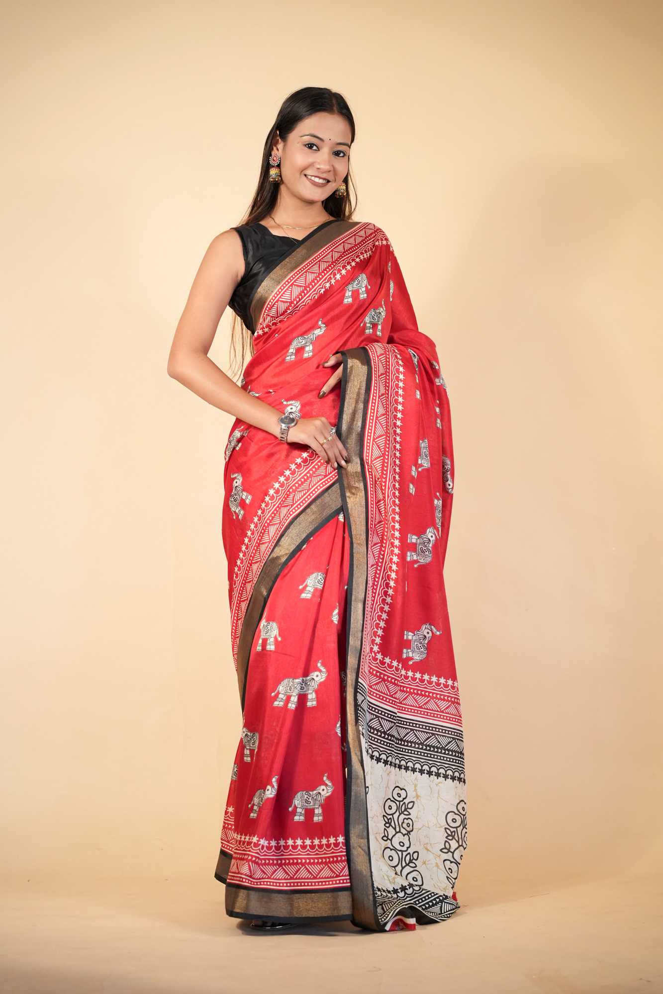 Crepe Cotton with Traditional Elephant & Floral Block Prints Ready To Wear saree