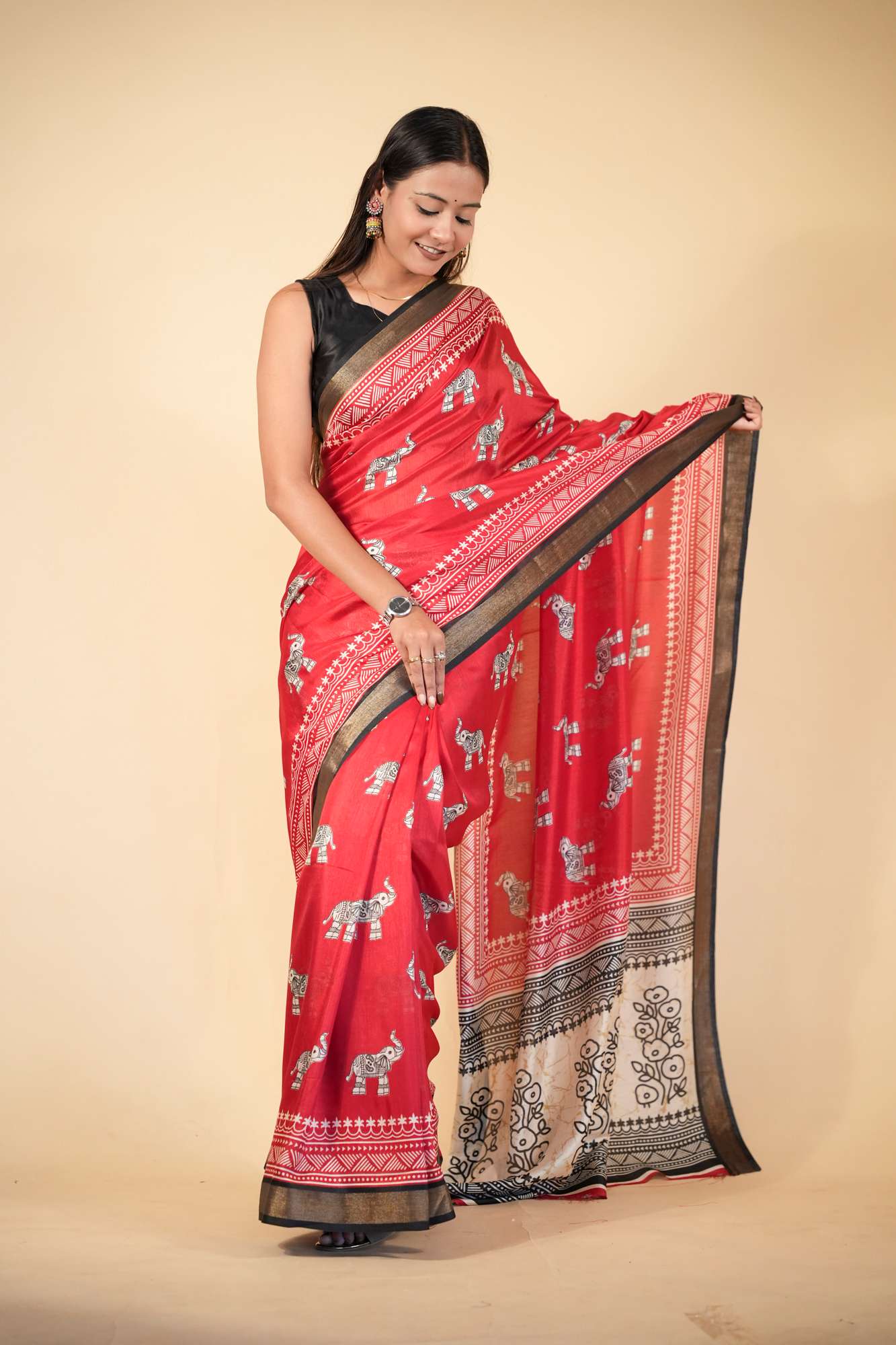 Crepe Cotton with Traditional Elephant & Floral Block Prints Ready To Wear saree