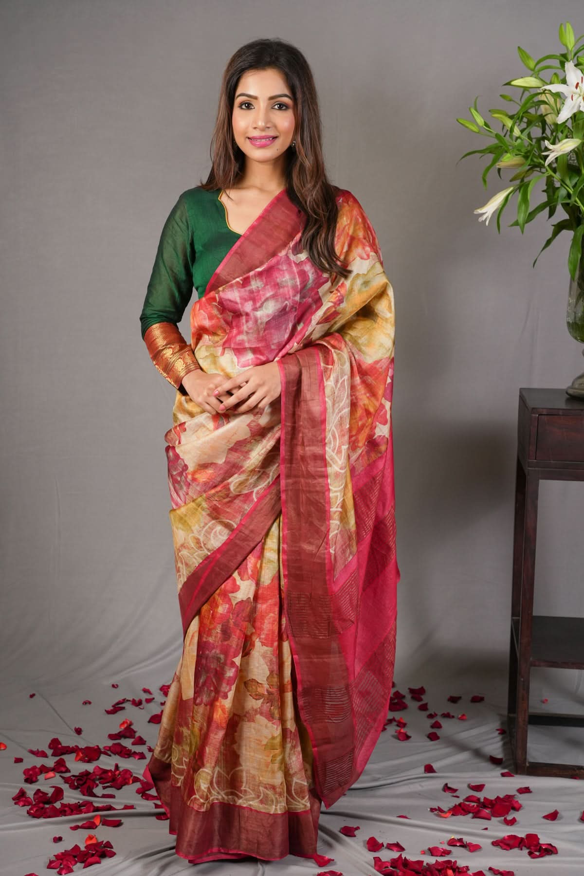 Jari Tussar Silk Saree with Floral Digital Print in Beige | SILK MARK CERTIFIED | Shobitam