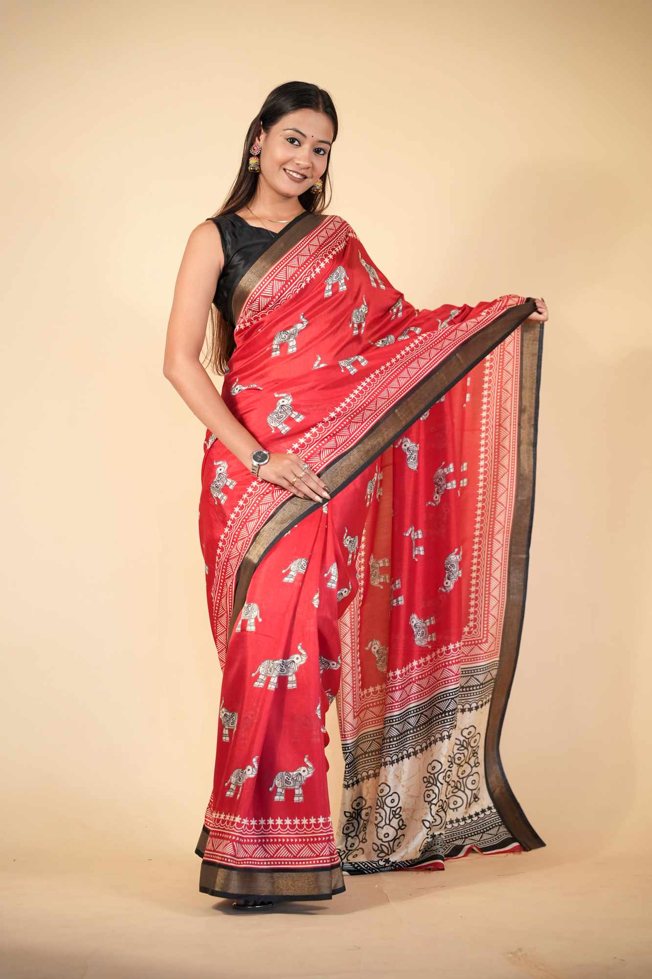 Crepe Cotton with Traditional Elephant & Floral Block Prints Ready To Wear saree