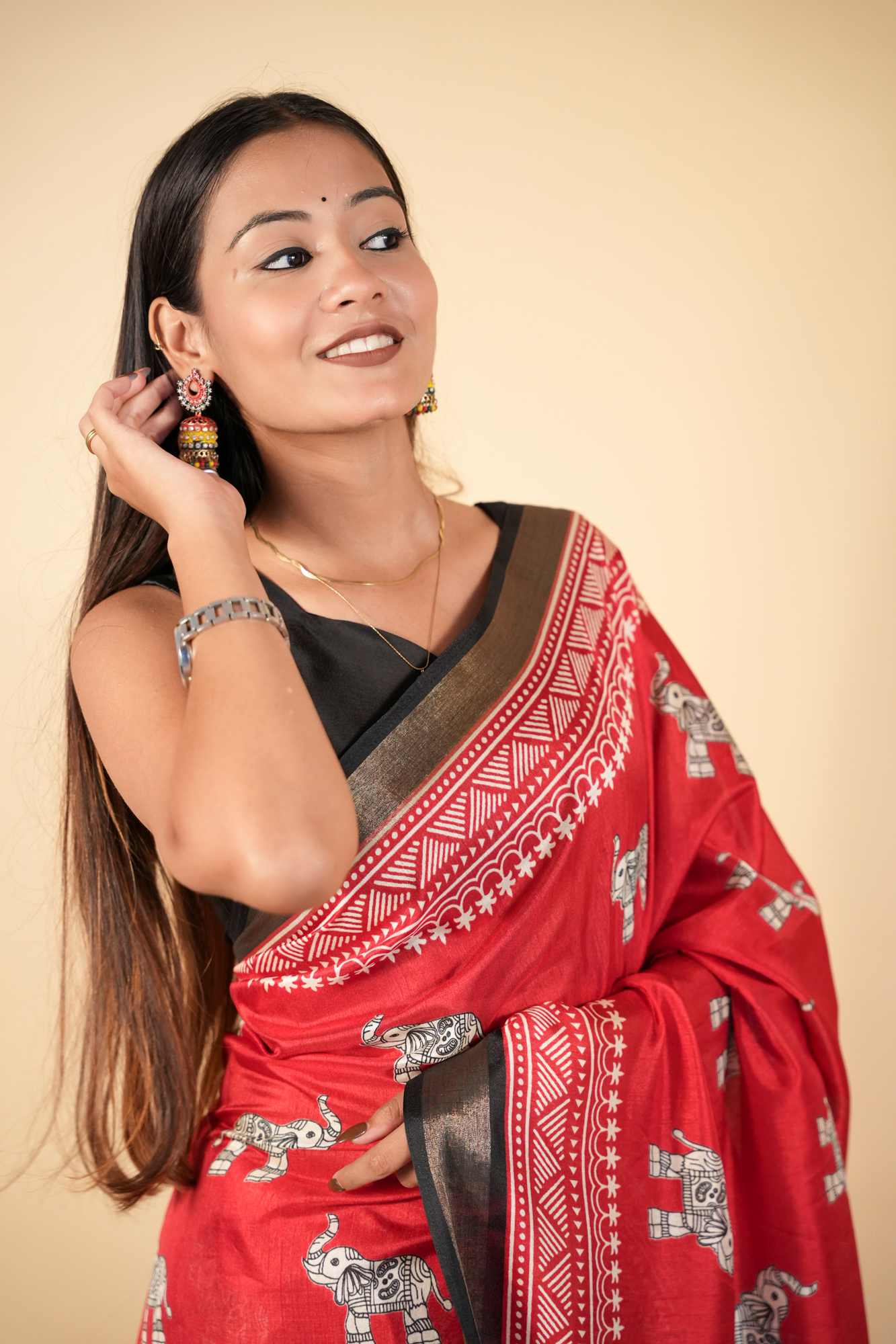 Crepe Cotton with Traditional Elephant & Floral Block Prints Ready To Wear saree