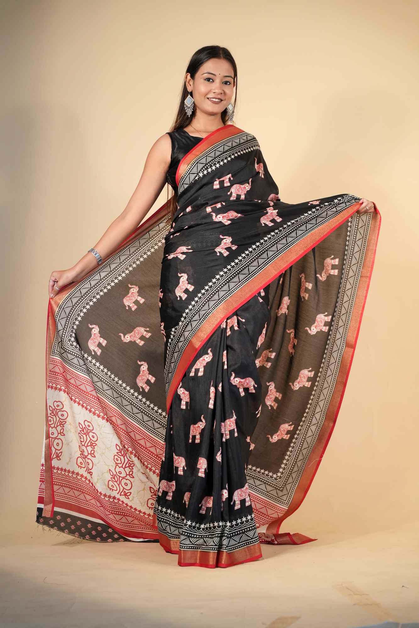 Crepe Cotton with Elephant Print and Traditional Border Ready To Wear Saree
