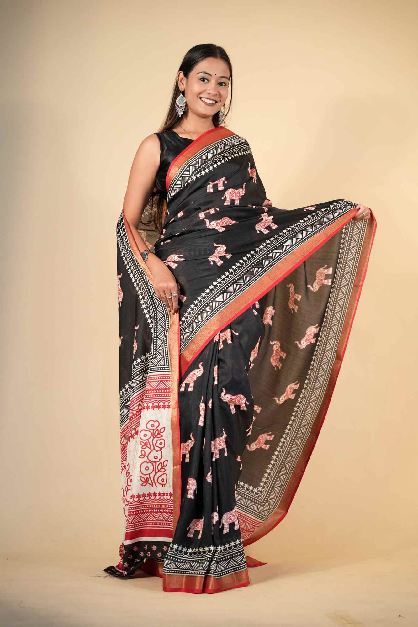 Crepe Cotton with Elephant Print and Traditional Border Ready To Wear Saree