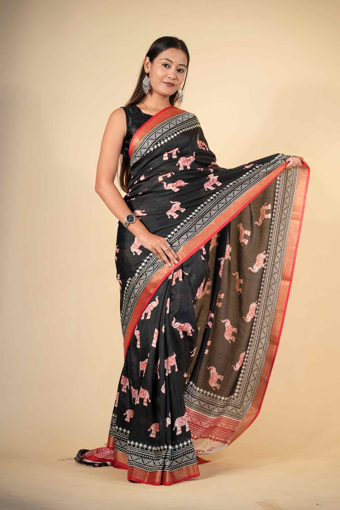 Crepe Cotton with Elephant Print and Traditional Border Ready To Wear Saree