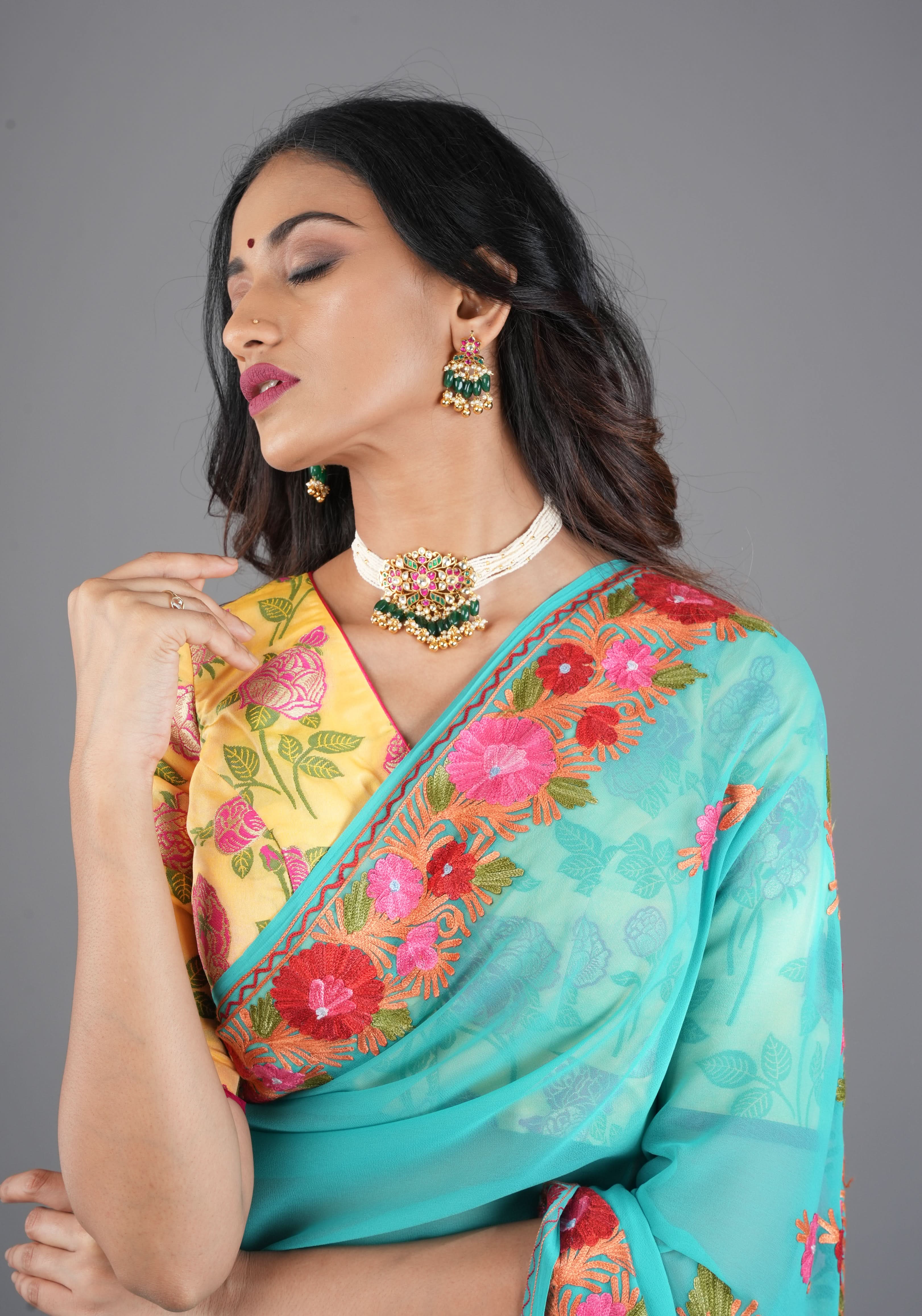 Ornate Jadau Floral Pendant on Multistrand Necklace with Green Dangling Beads and Matching Earrings | SHOBITAM