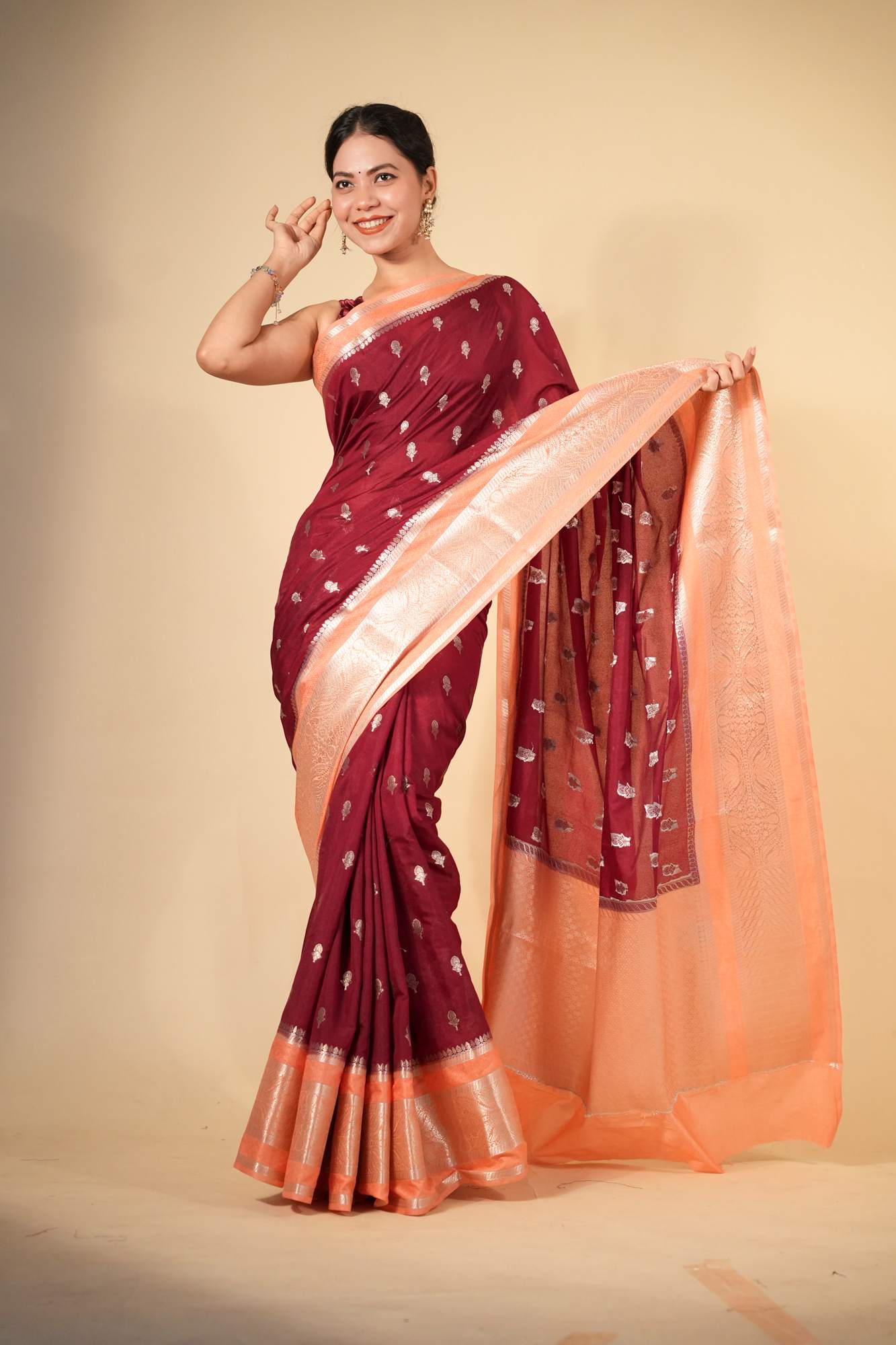 Pure Soft Chettinad Cotton Silk with Intricate Zari Motifs and Opulent Border Ready To Wear Sraee