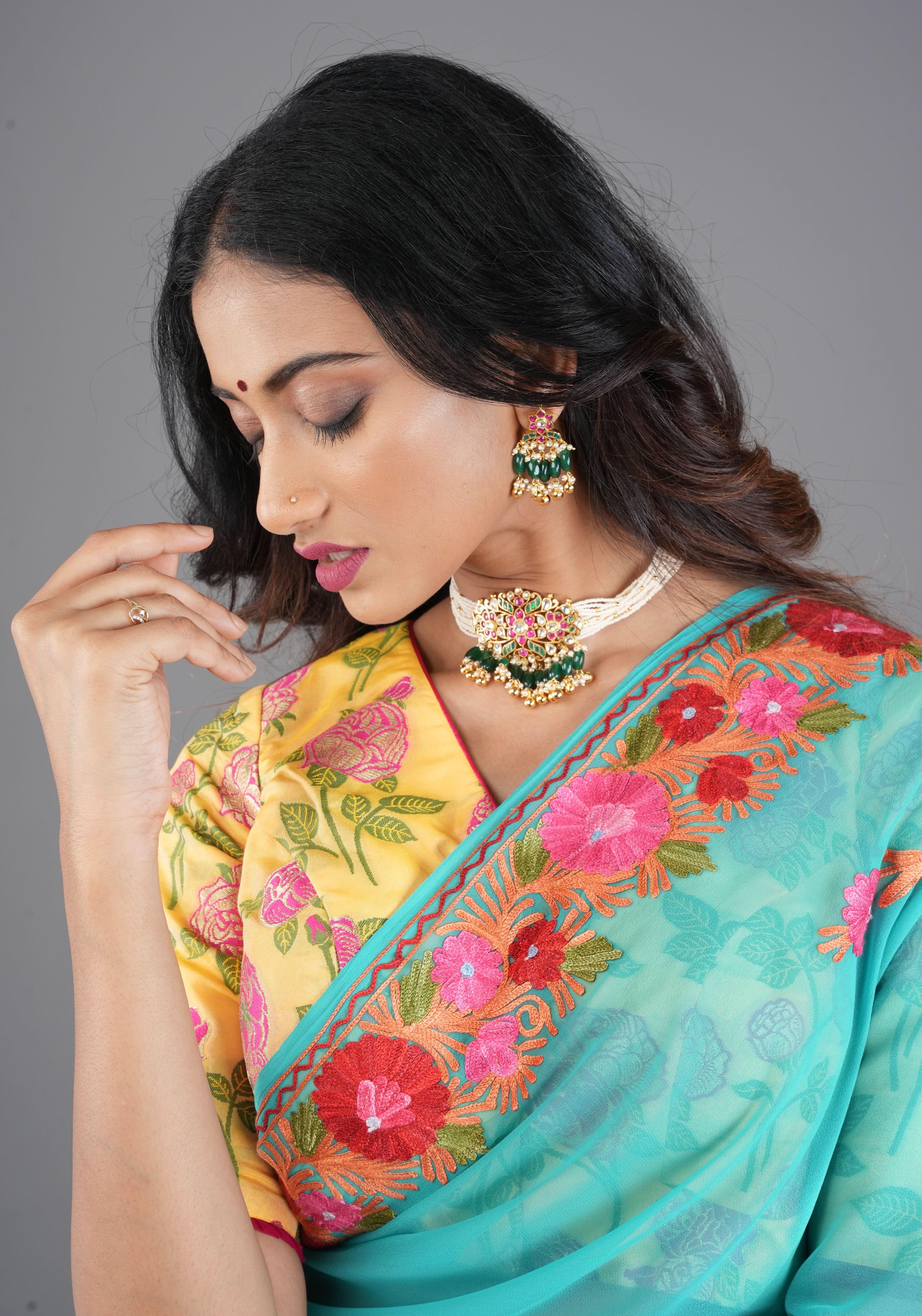 Ornate Jadau Floral Pendant on Multistrand Necklace with Green Dangling Beads and Matching Earrings | SHOBITAM
