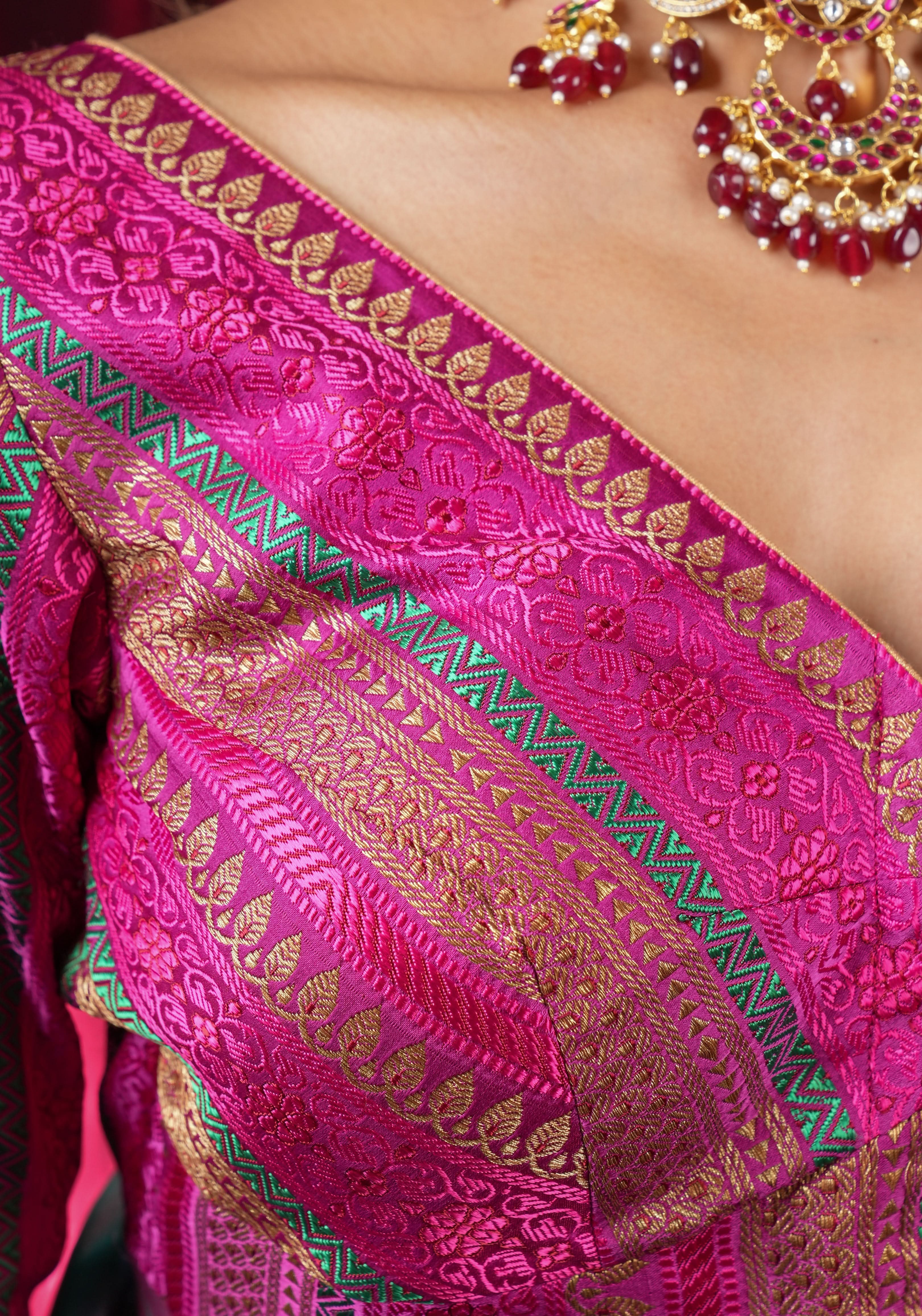 Rani Pink with Multicolor Striped Brocade Banarasi Blouse with V neck, Made to Order | Shobitam