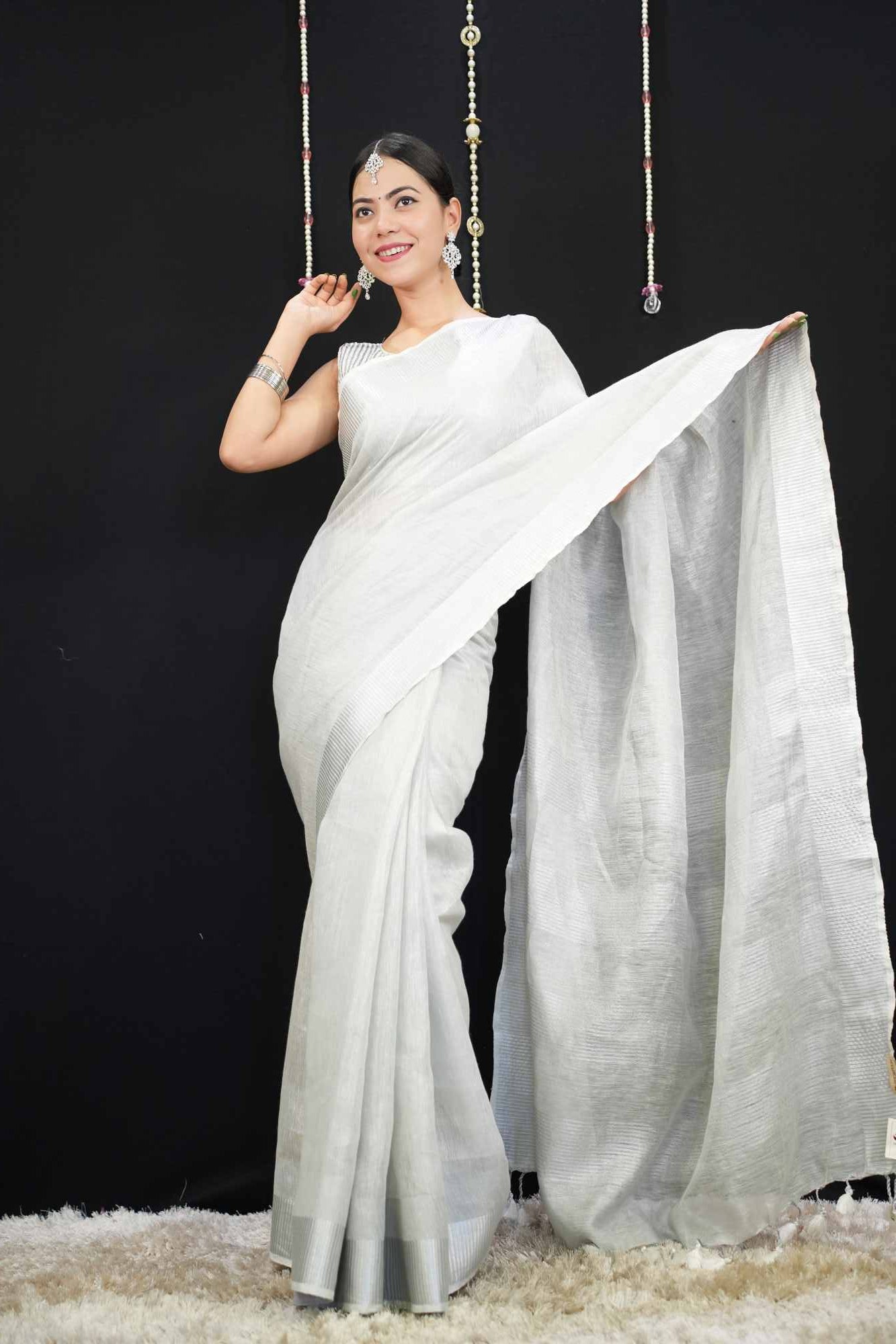Ready-to-Wear 1-Minute Pocket Linen Saree with Printed Zari Stripe Border