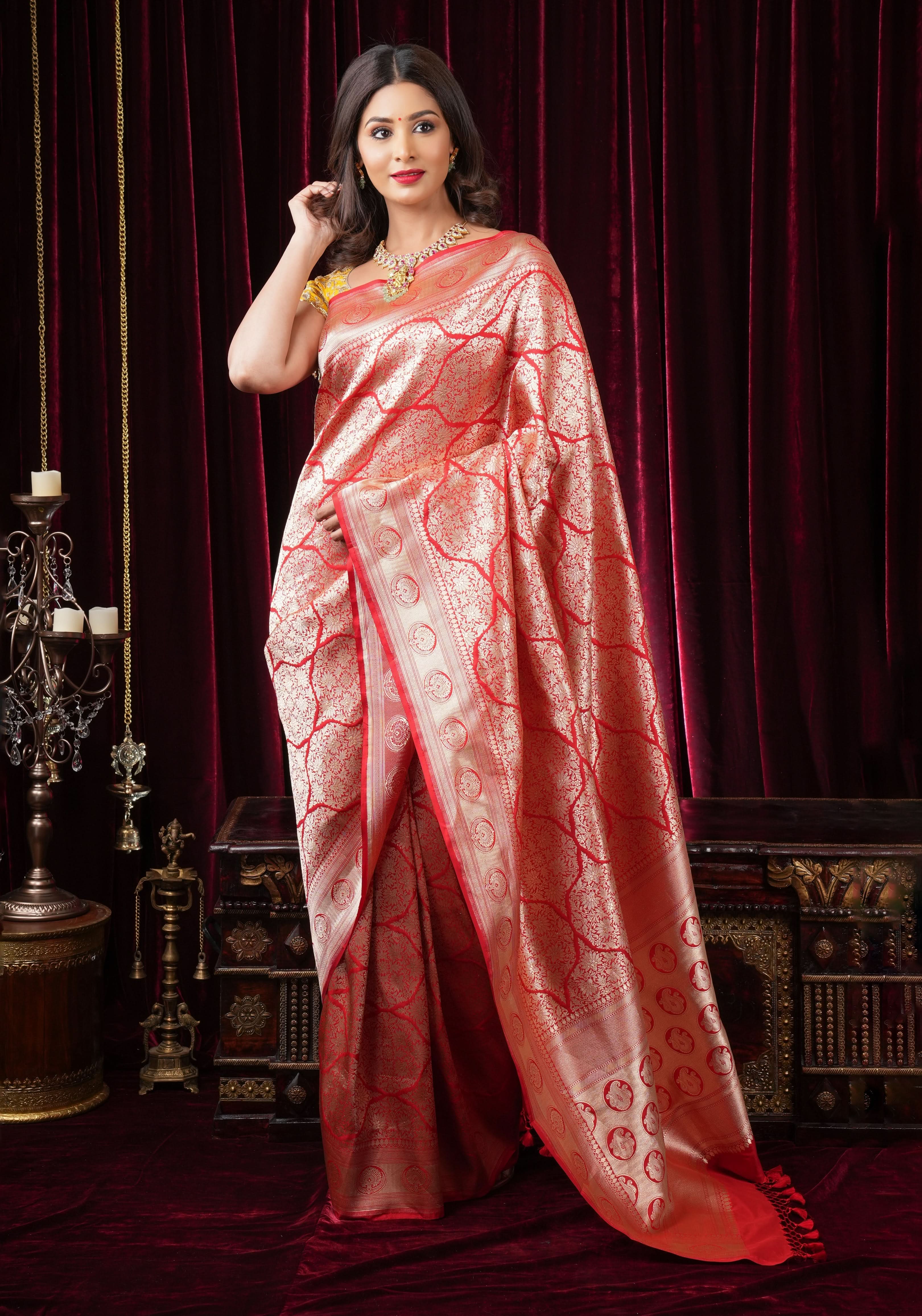 Magnificent Banarasi Katan Silk saree in Red with Persian Trellis Jaal | SILK MARK CERTIFIED | Shobitam