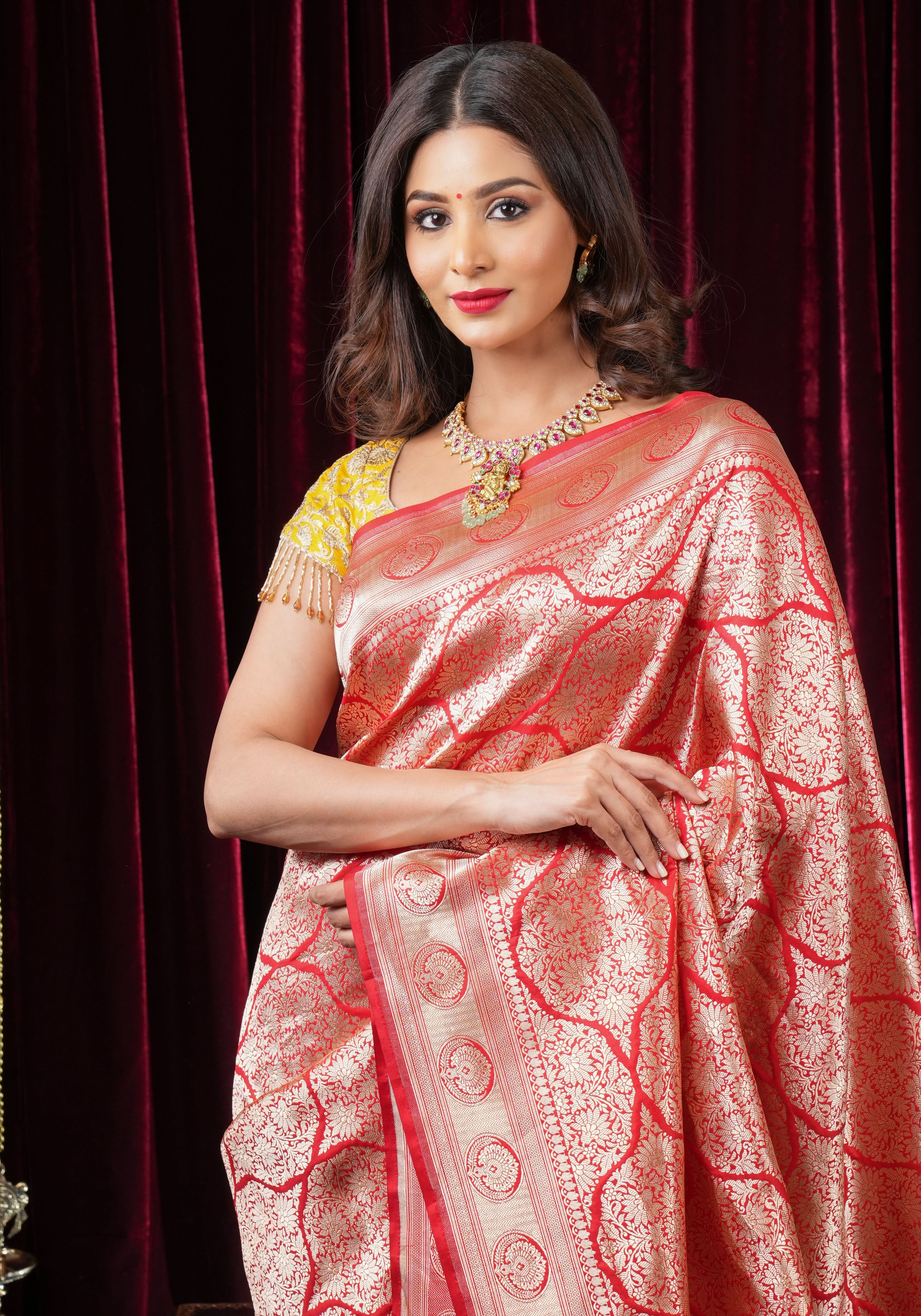 Magnificent Banarasi Katan Silk saree in Red with Persian Trellis Jaal | SILK MARK CERTIFIED | Shobitam