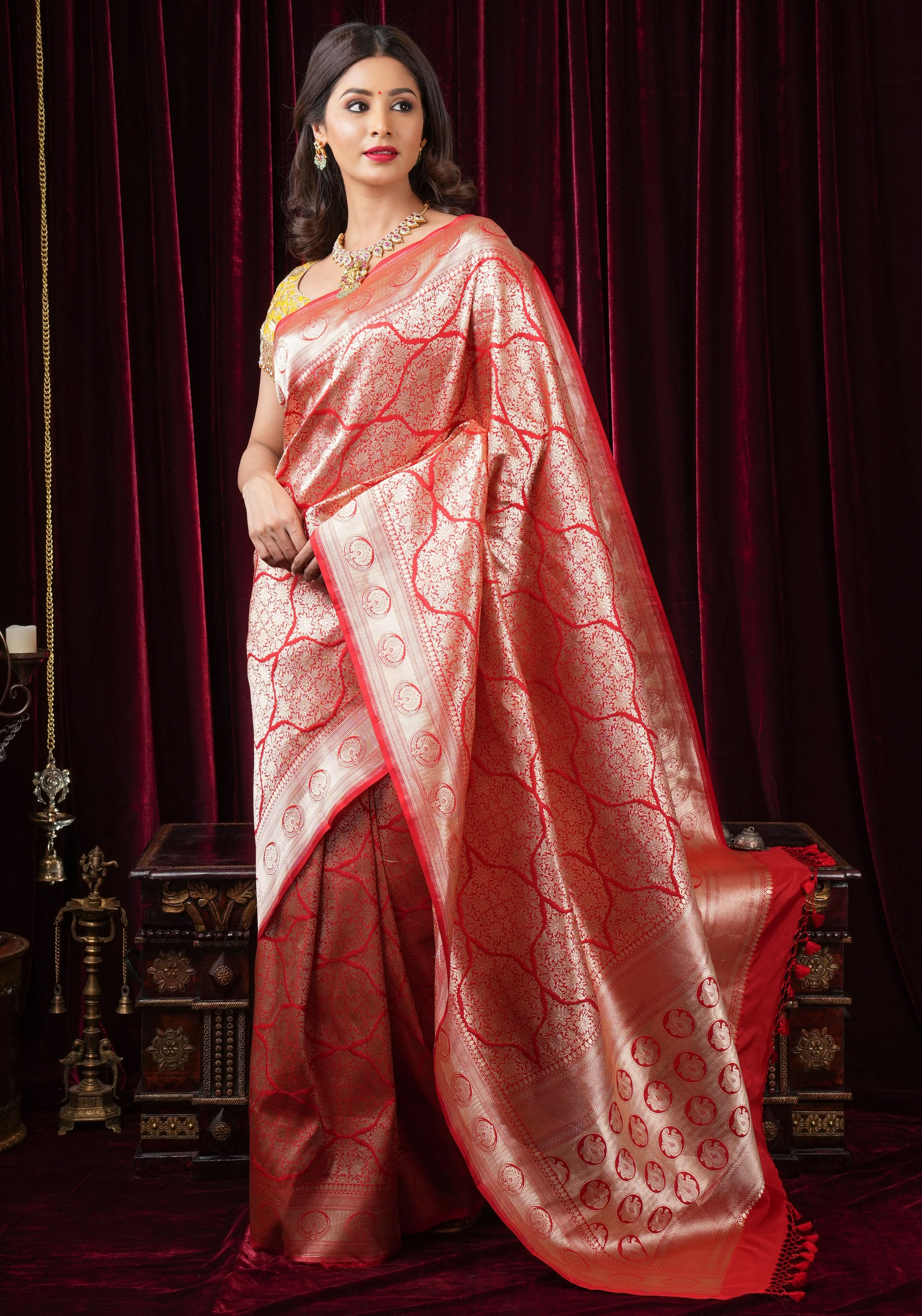 Magnificent Banarasi Katan Silk saree in Red with Persian Trellis Jaal | SILK MARK CERTIFIED