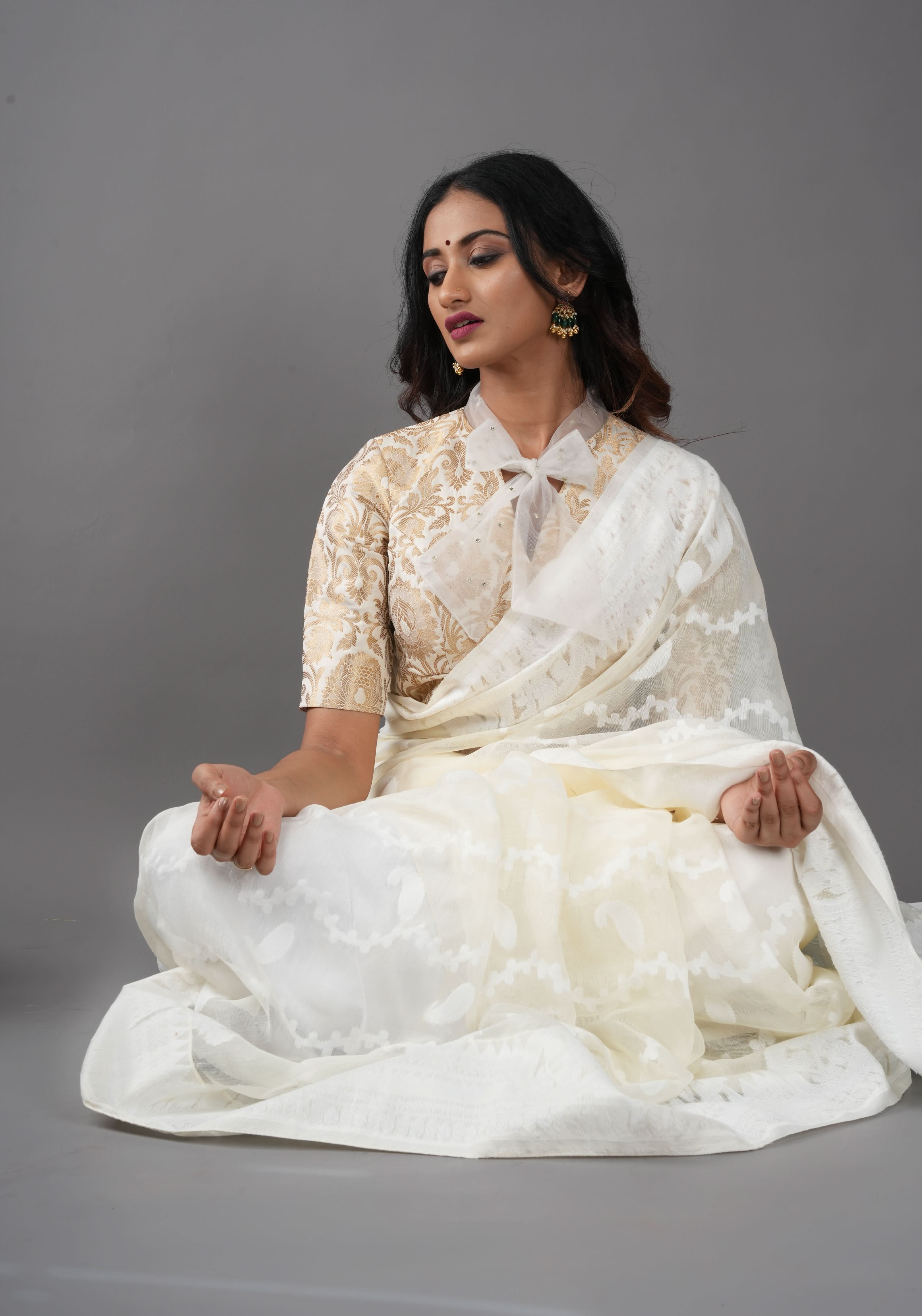 Off White Banarasi Brocade Blouse with Tie Neck, Customizable, Made to Order | Shobitam