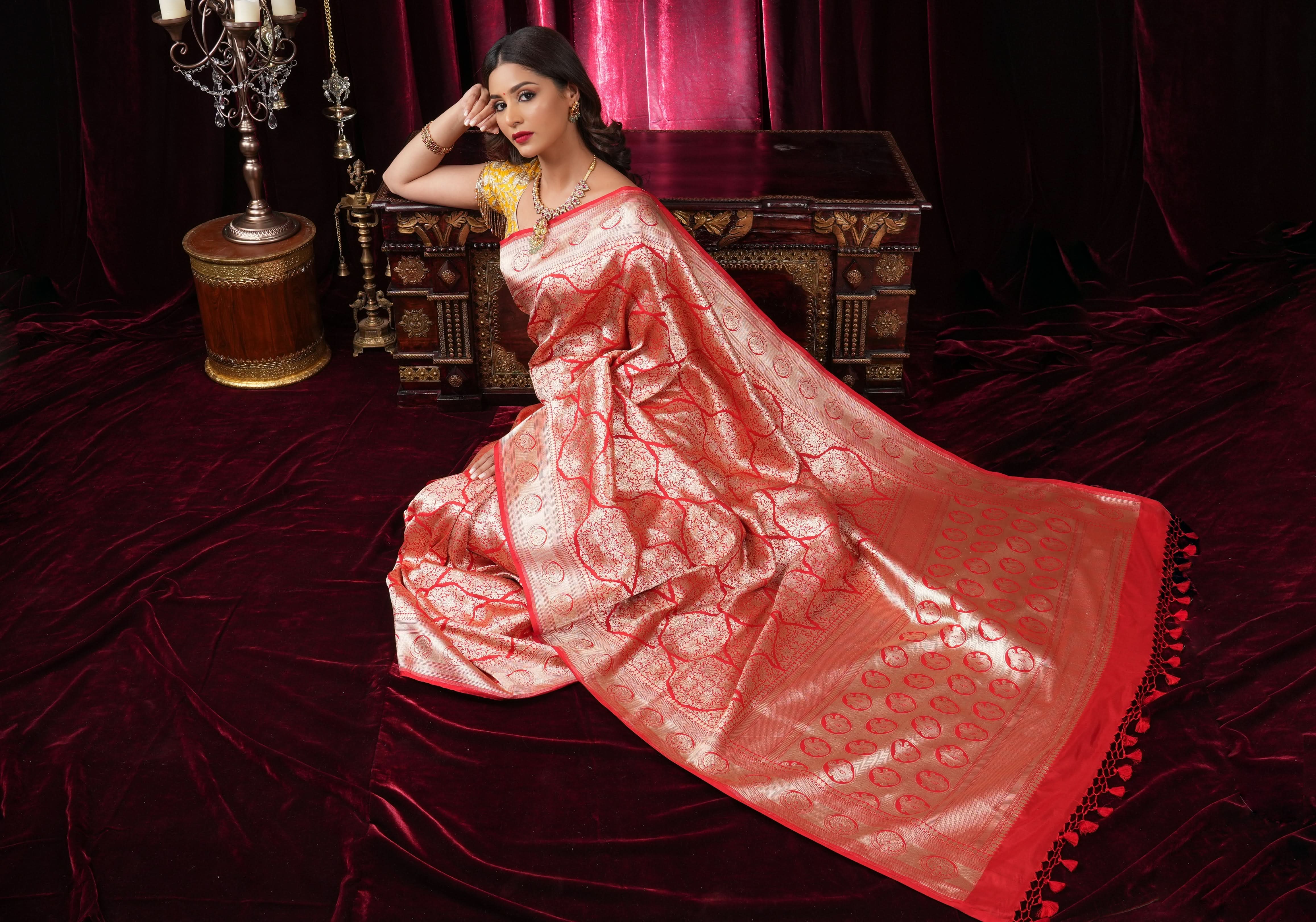 Magnificent Banarasi Katan Silk saree in Red with Persian Trellis Jaal | SILK MARK CERTIFIED | Shobitam