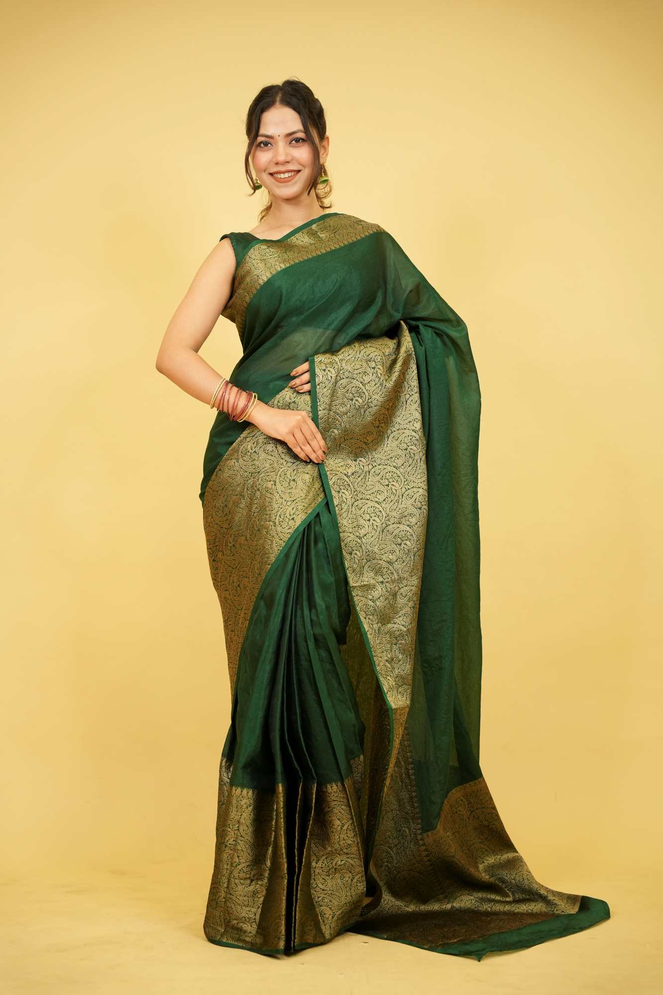 Dark Green Silk with Plain Body & Heavy Zari Border Ready To Wear Saree