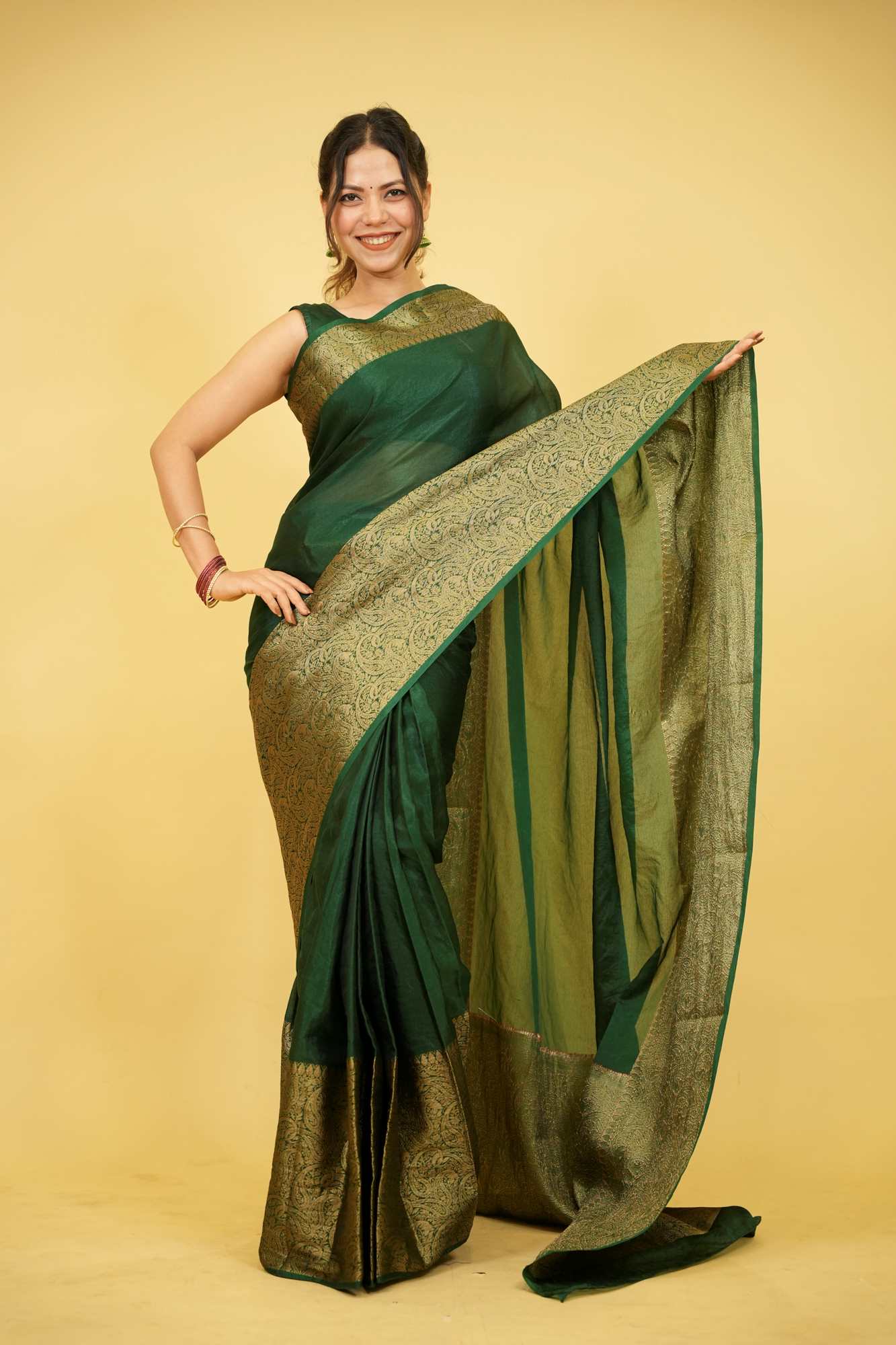 Dark Green Silk with Plain Body & Heavy Zari Border Ready To Wear Saree