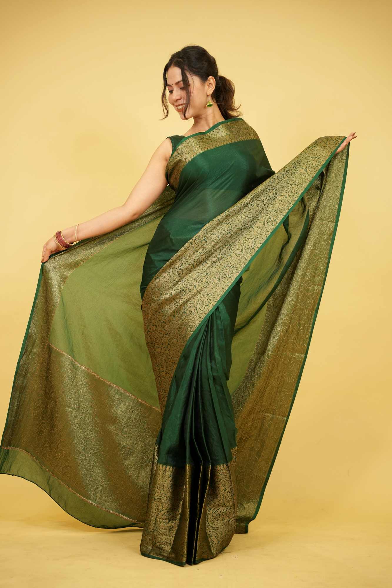 Dark Green Silk with Plain Body & Heavy Zari Border Ready To Wear Saree