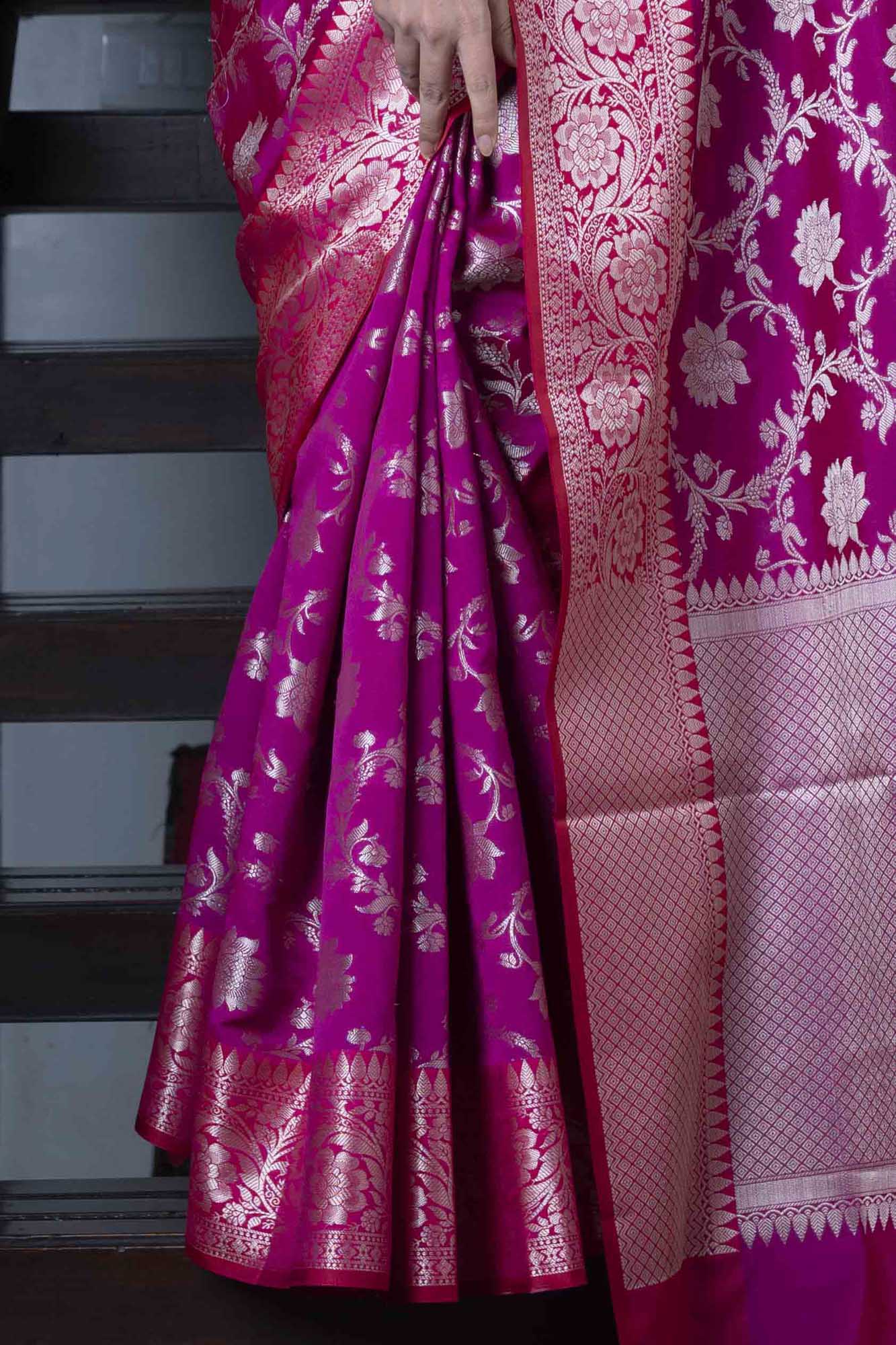 Banarasi Pink Semi Katan Silk Saree with All-Over Designer Zari Butta & Rich Brocade Pallu