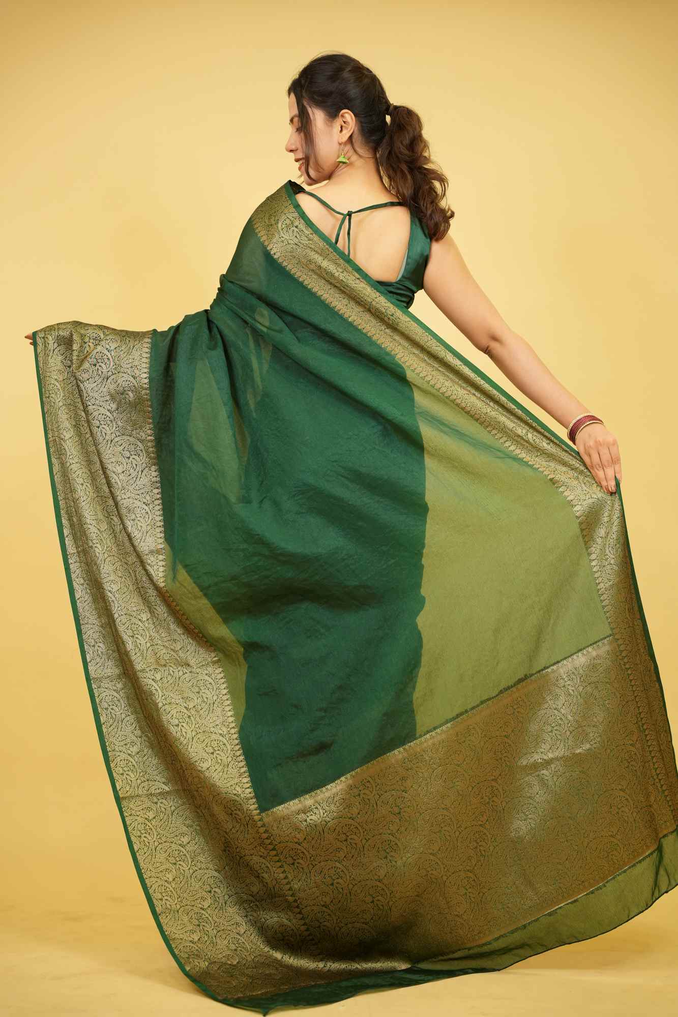 Dark Green Silk with Plain Body & Heavy Zari Border Ready To Wear Saree