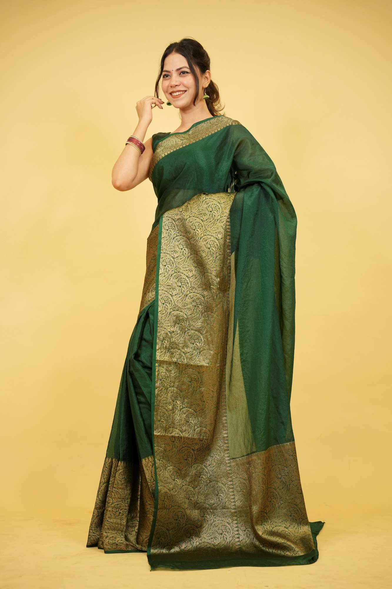 Dark Green Silk with Plain Body & Heavy Zari Border Ready To Wear Saree