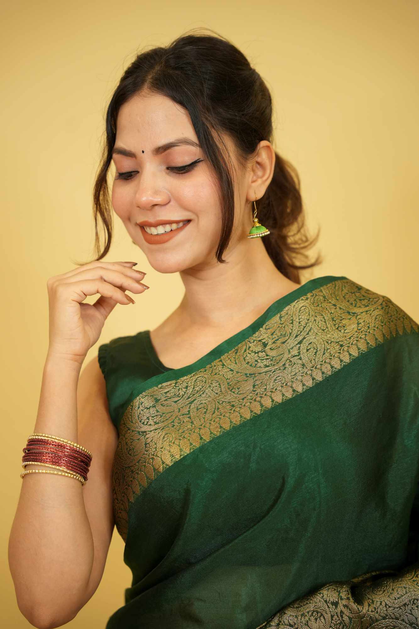 Dark Green Silk with Plain Body & Heavy Zari Border Ready To Wear Saree
