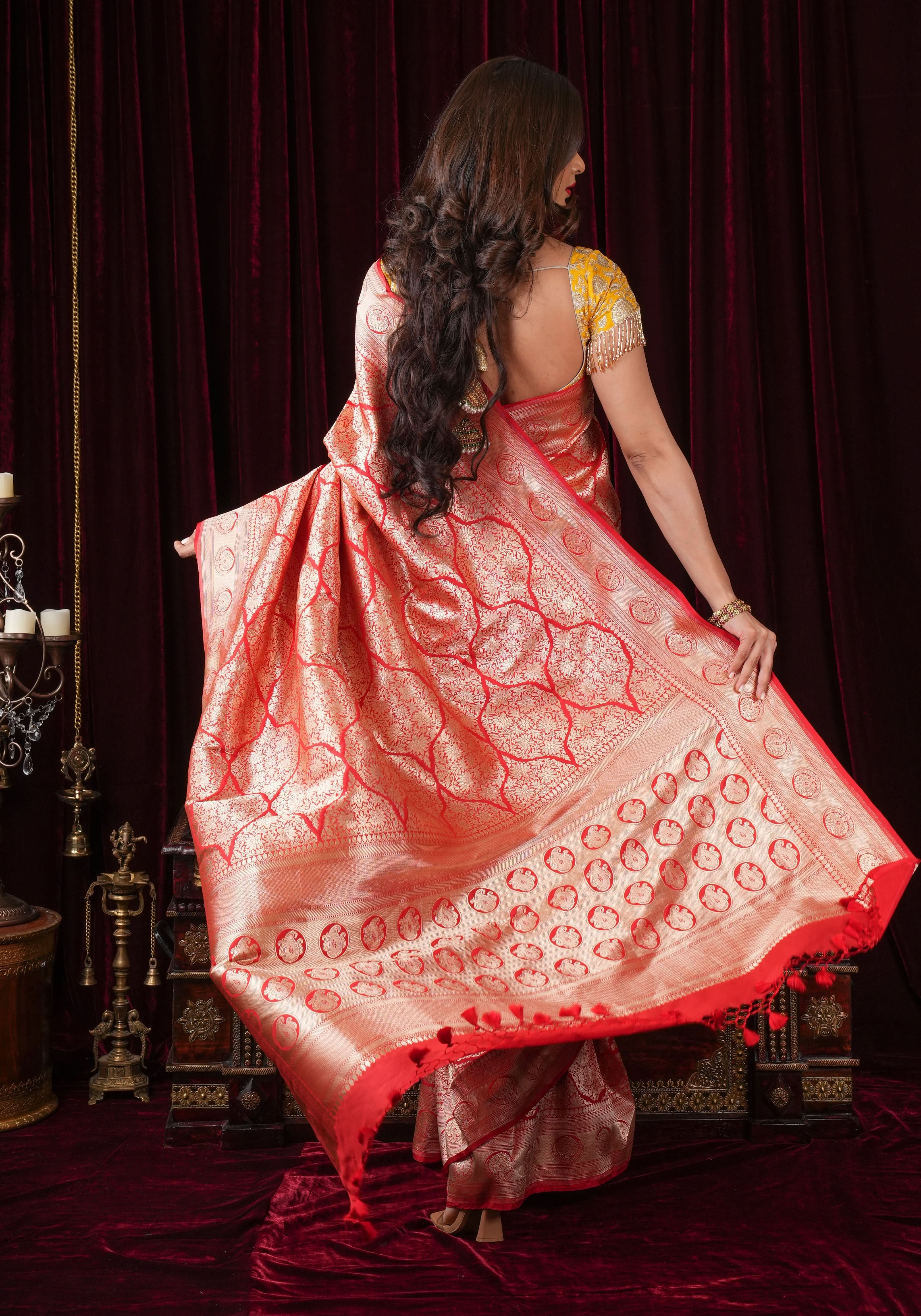 Magnificent Banarasi Katan Silk saree in Red with Persian Trellis Jaal | SILK MARK CERTIFIED | Shobitam