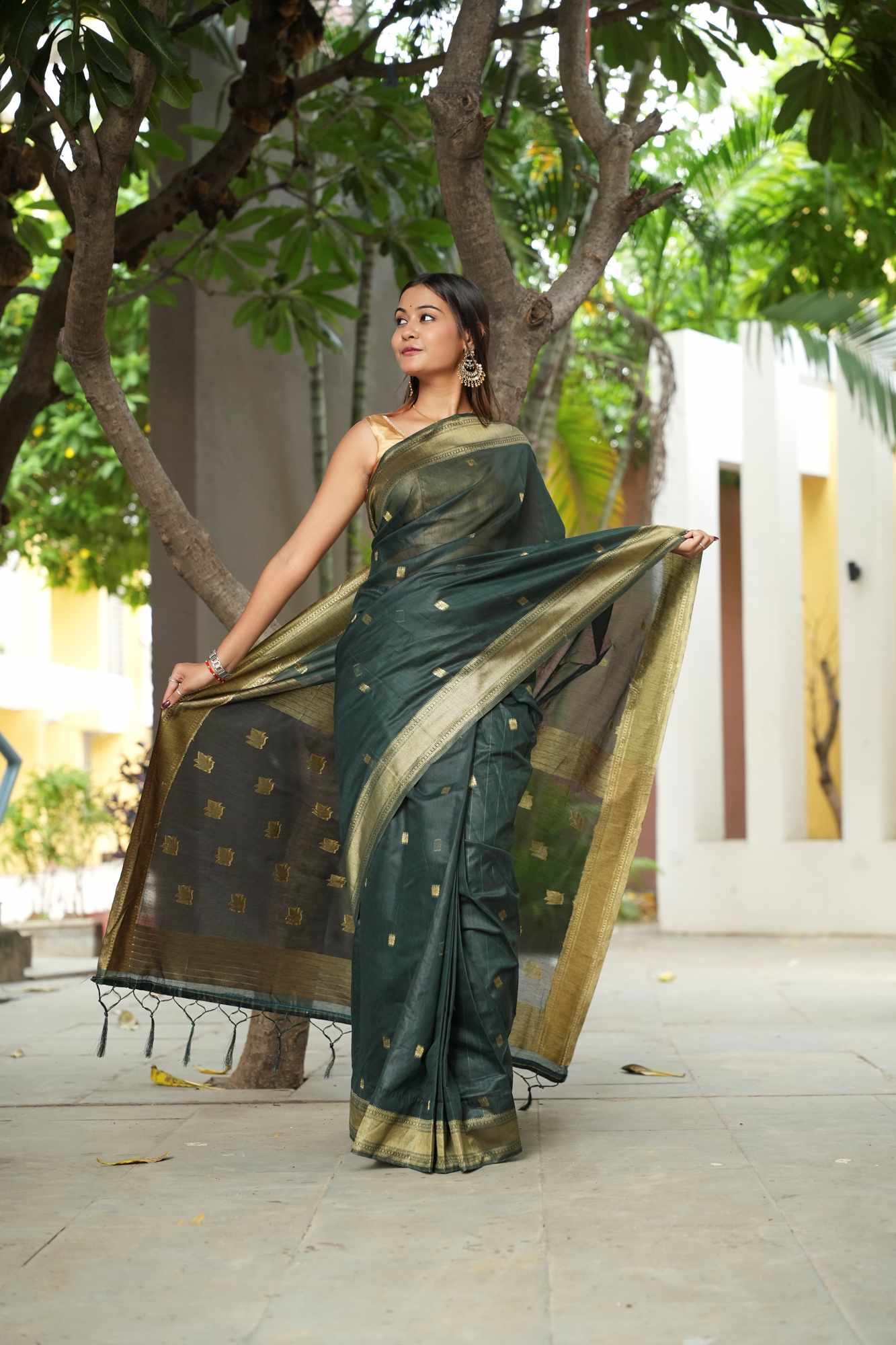 Green Soft Cotton with Black Pallu & Zari Accents Ready To Wear Saree