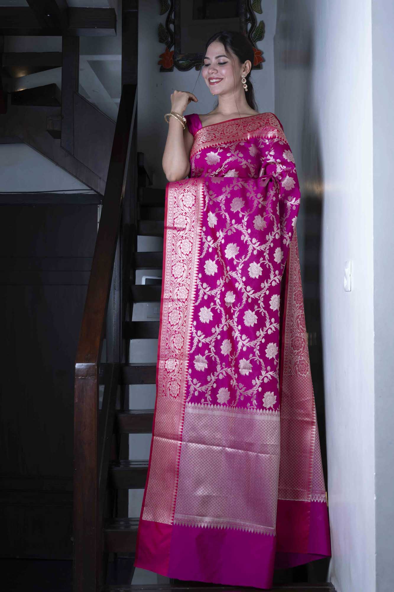Banarasi Pink Semi Katan Silk Saree with All-Over Designer Zari Butta & Rich Brocade Pallu