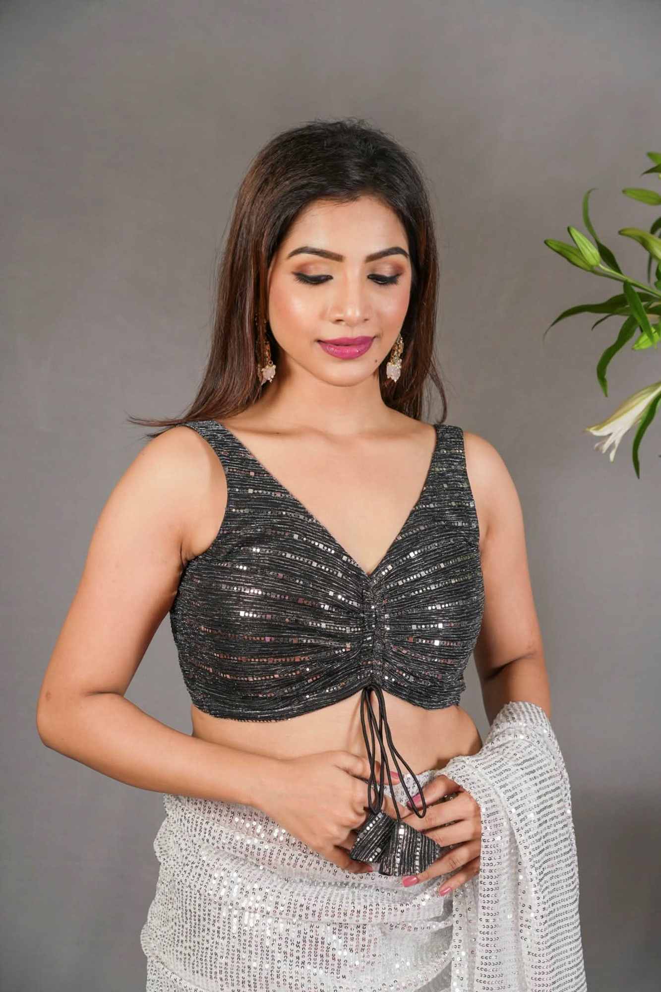 Black Sequin Shimmer Blouse in Black and Silver!