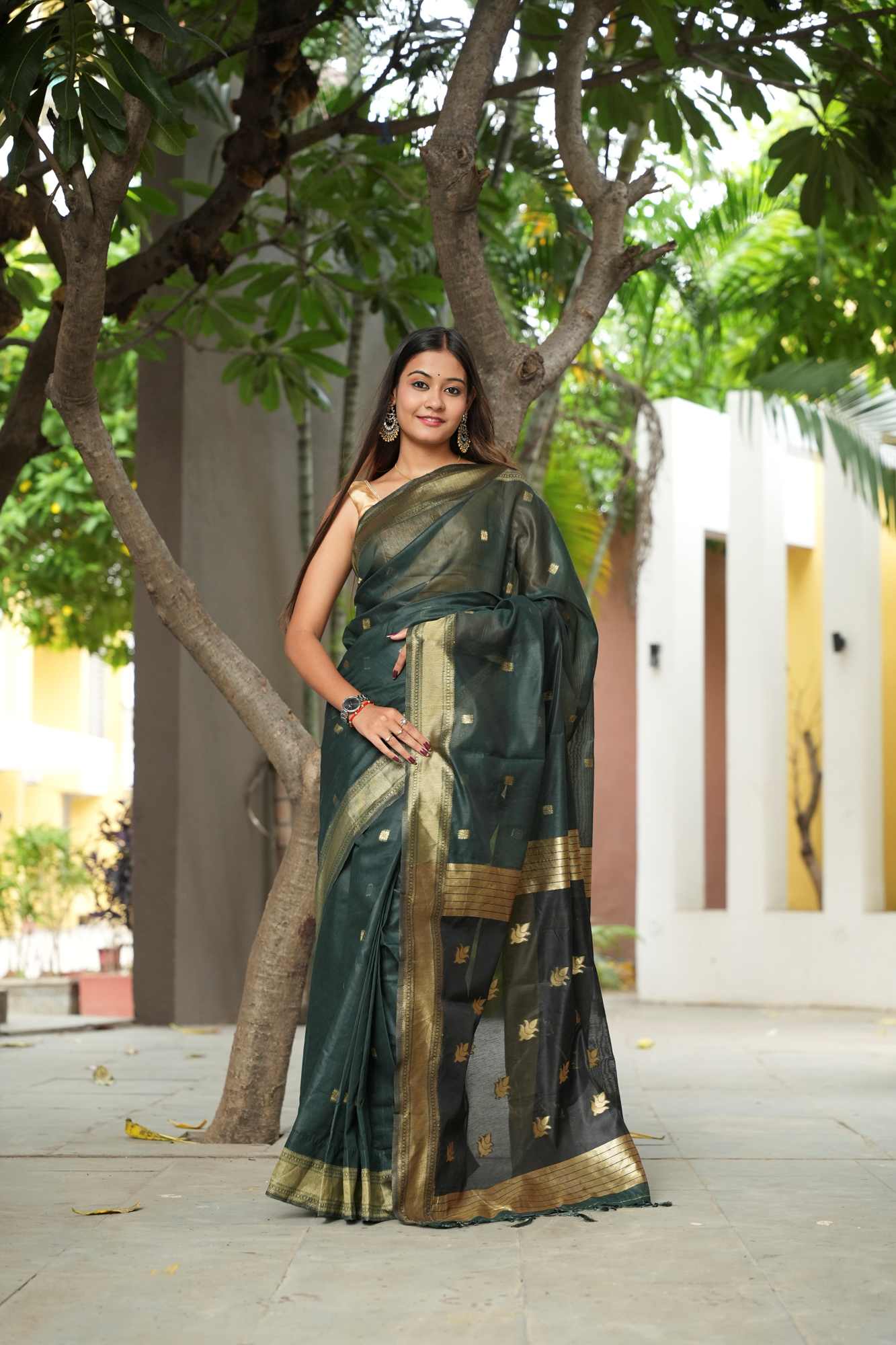Green Soft Cotton with Black Pallu & Zari Accents Ready To Wear Saree