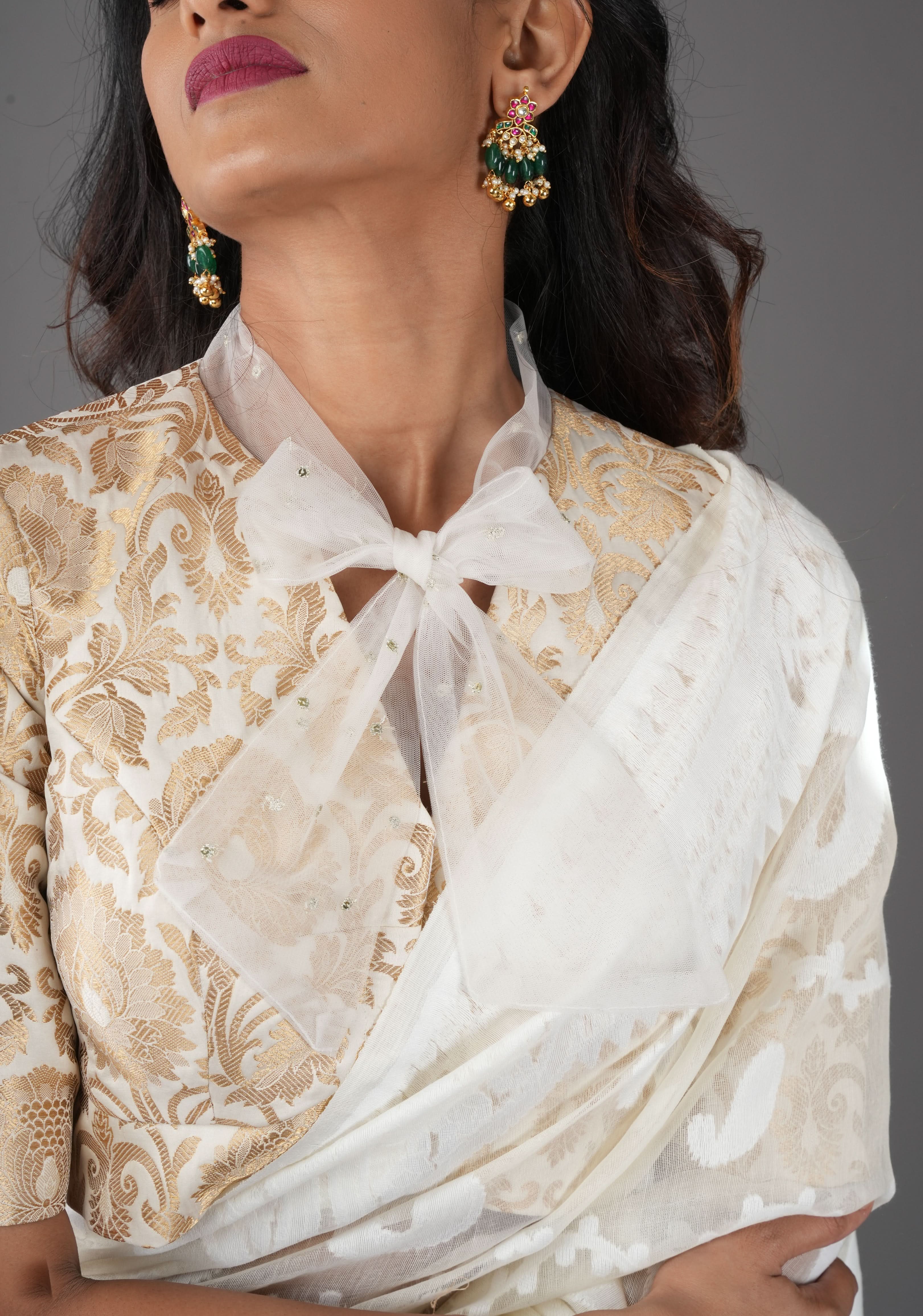 Off White Banarasi Brocade Blouse with Tie Neck, Customizable, Made to Order | Shobitam
