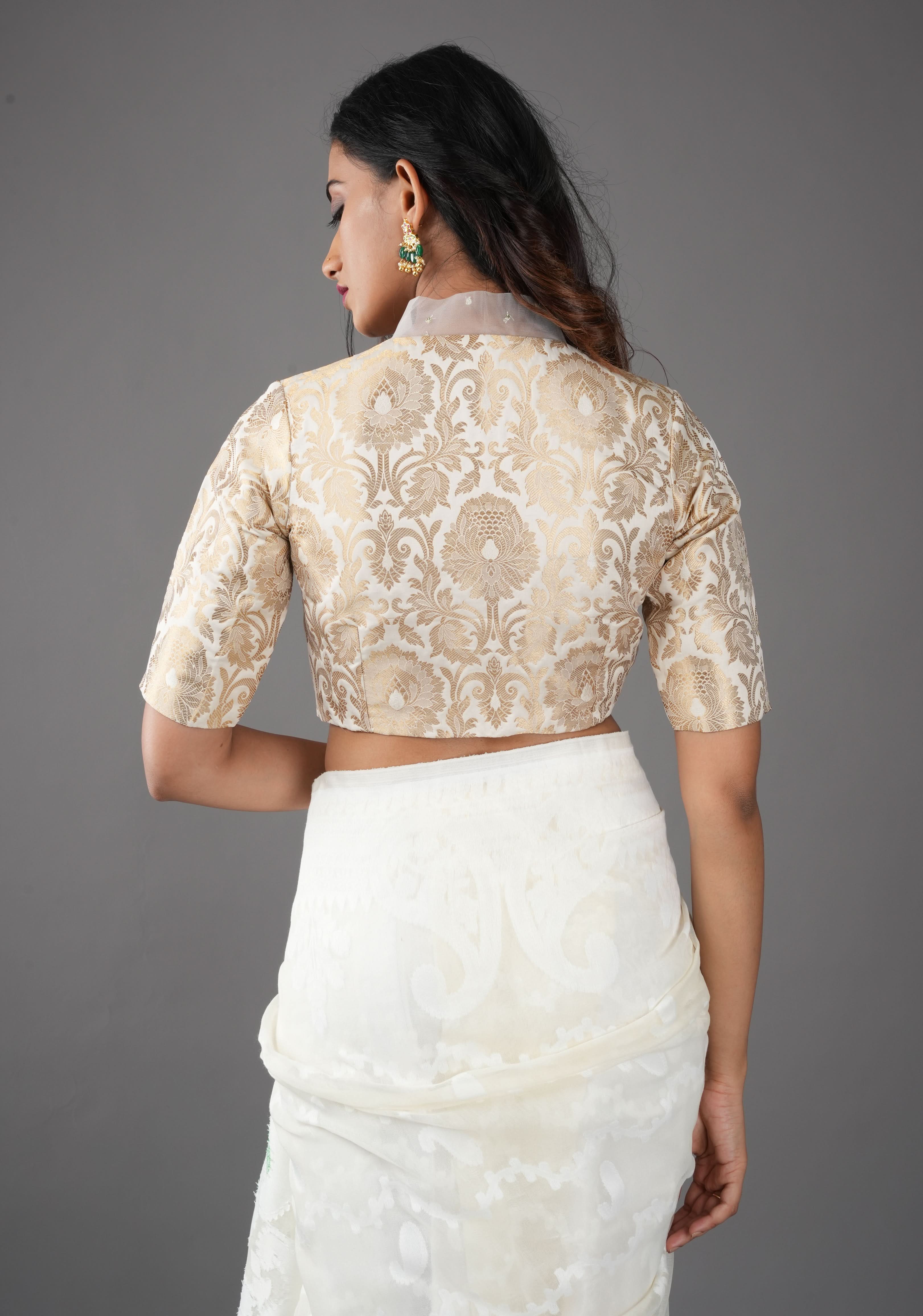 Off White Banarasi Brocade Blouse with Tie Neck, Customizable, Made to Order | Shobitam