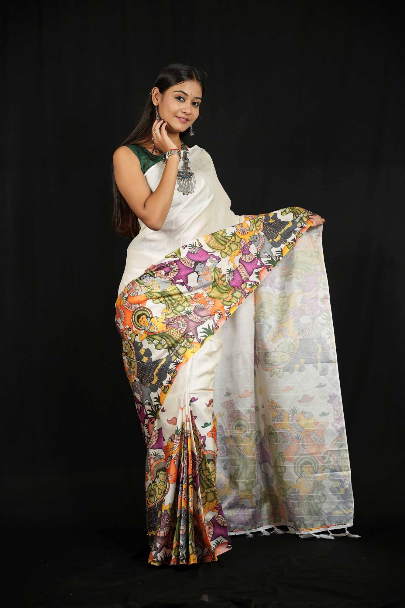 tussar with Vibrant Mythological Pattachitra Ready To Wear Saree