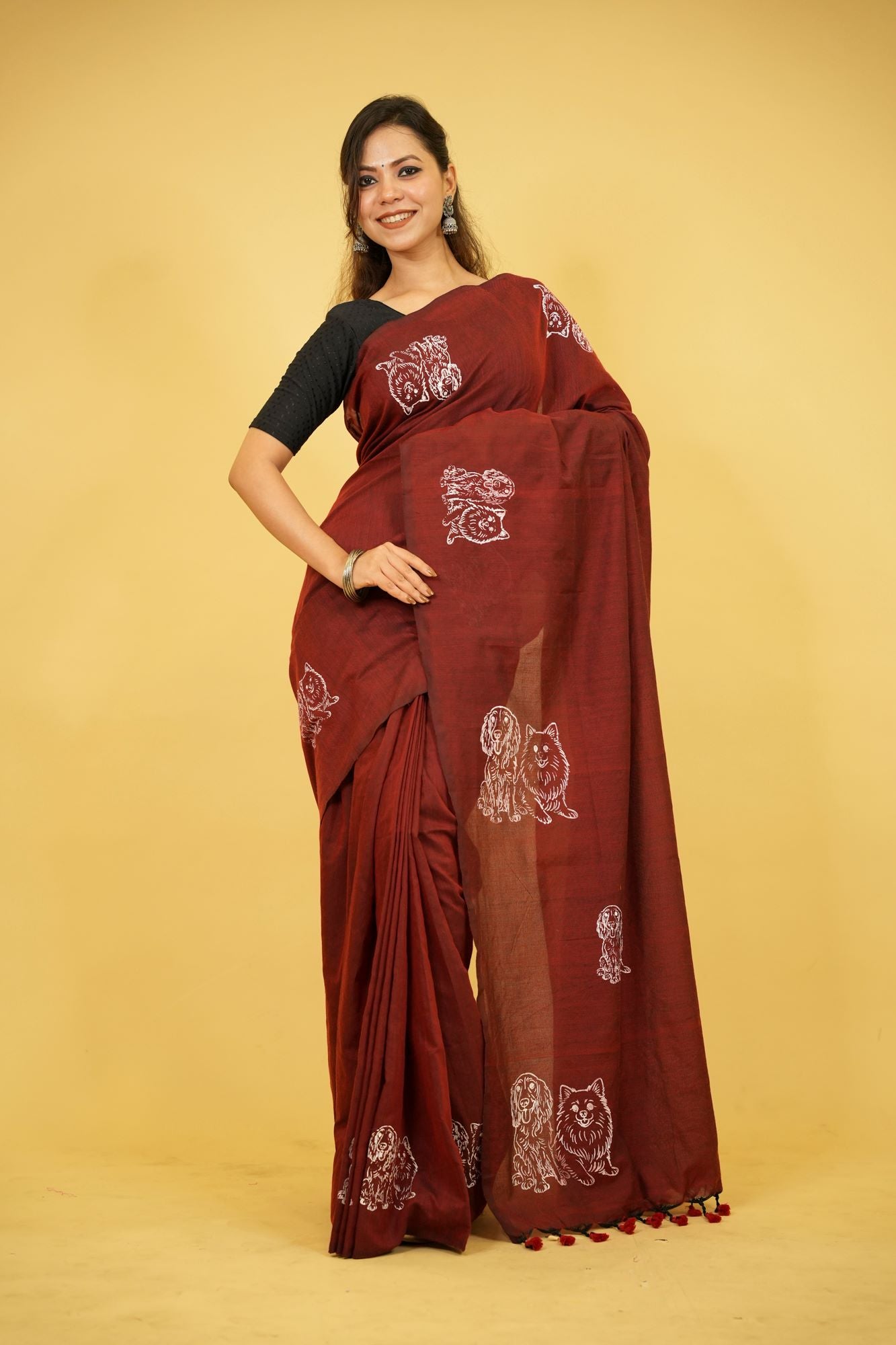 Maroon Khadi Cotton with Hand-Drawn Dog Motifs Ready To Wear Saree