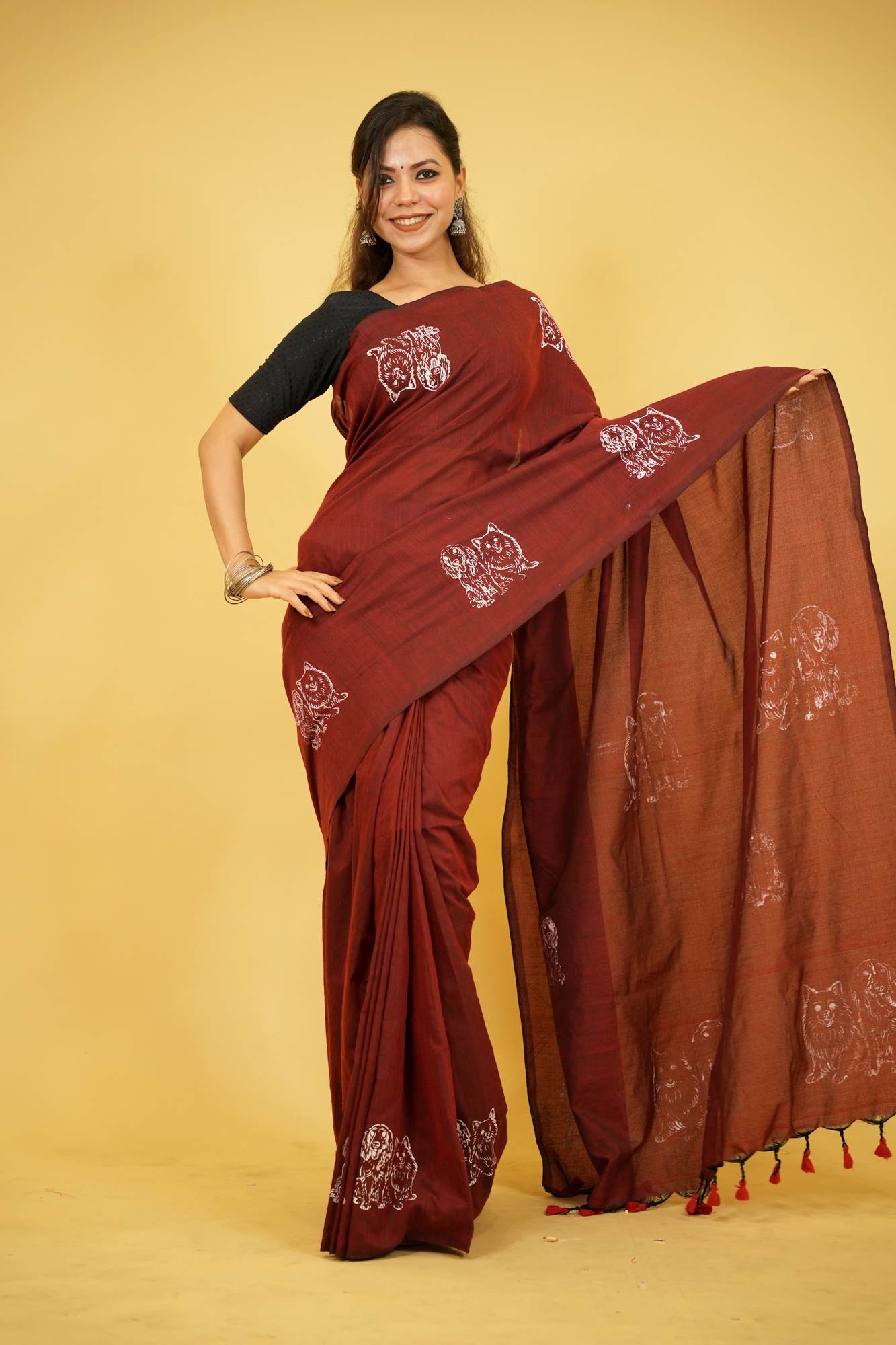 Maroon Khadi Cotton with Hand-Drawn Dog Motifs Ready To Wear Saree